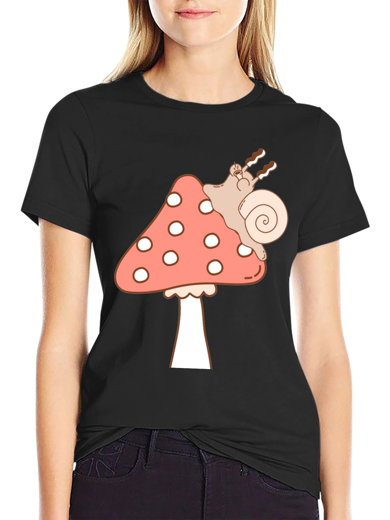 Black Mushroom Snail Graphic Tee - Black Cotton T-Shirt view 2