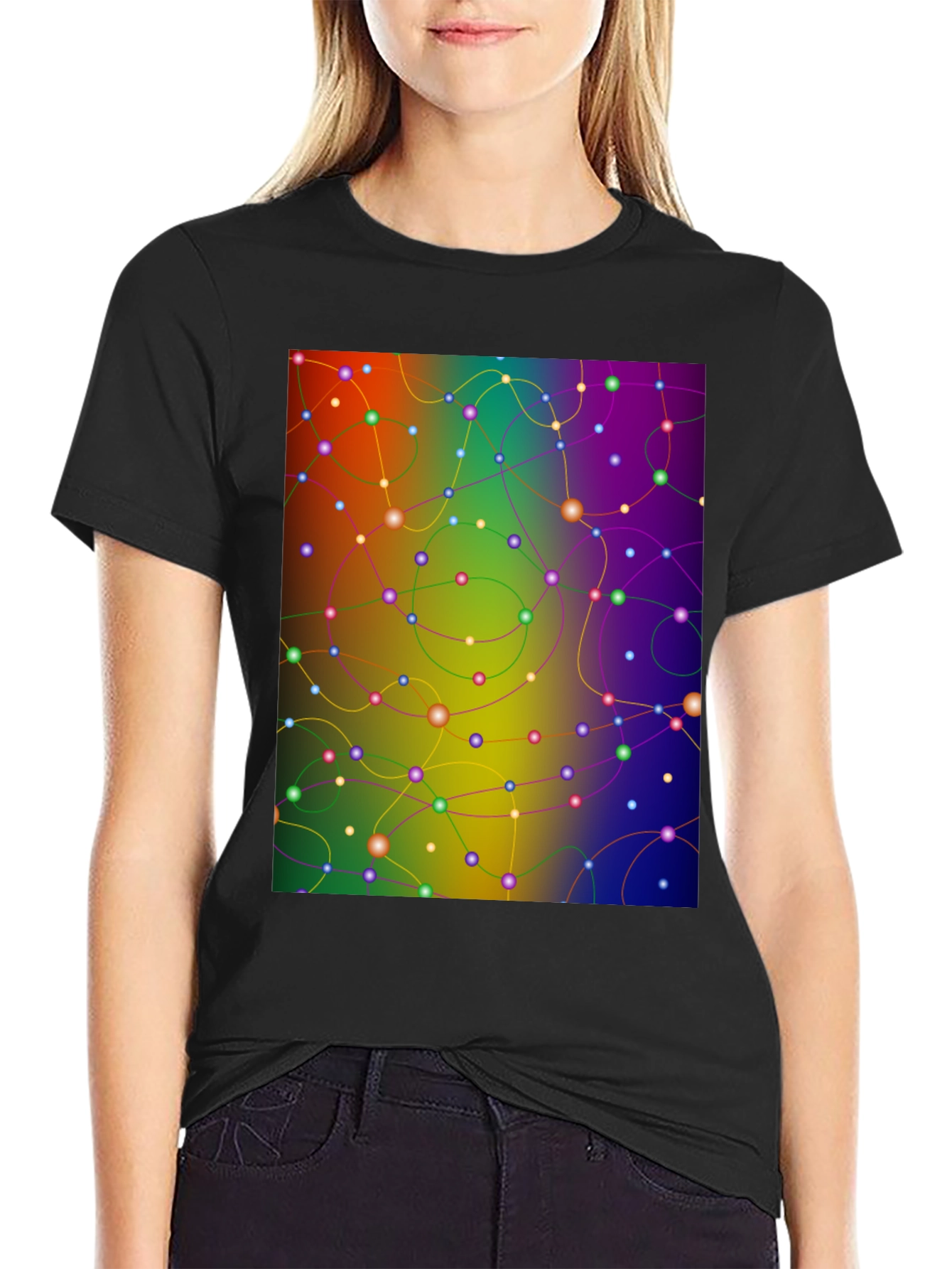 Black Abstract Network Tee - Colorful Connection Shirt view 2