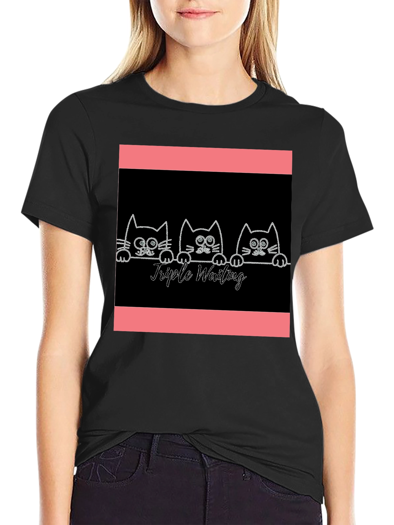 Black Triple Waiting Cats Graphic Tee - Soft Black Cotton T-Shirt view 2
