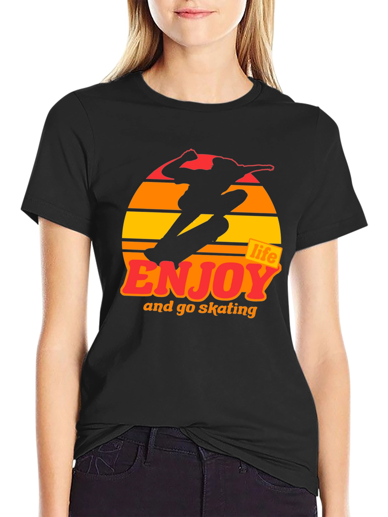 Black Enjoy Life Skateboarding T-Shirt - Retro Sunset Design view 2