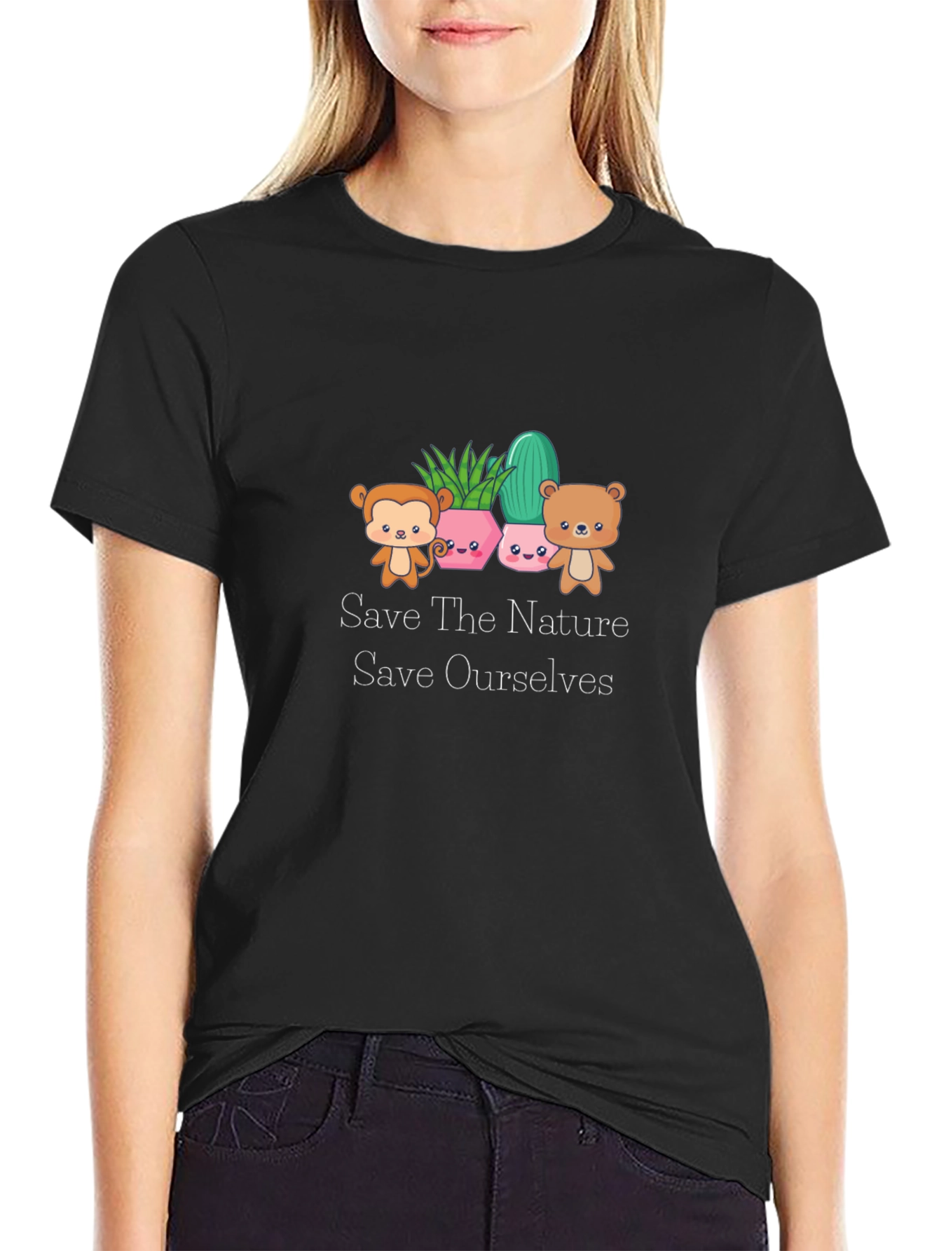 Black Cute 'Save The Nature' Black T-Shirt view 2