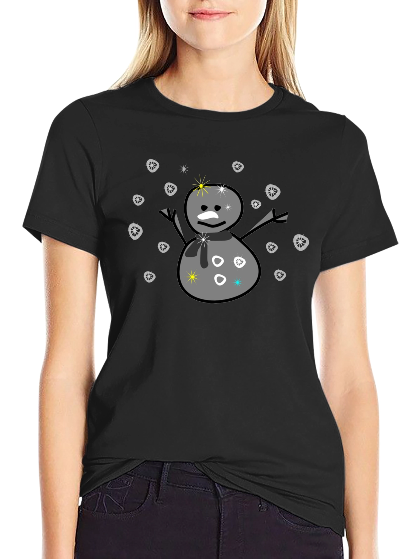 Black Snowman Graphic Tee - Black Cotton Blend T-Shirt view 2