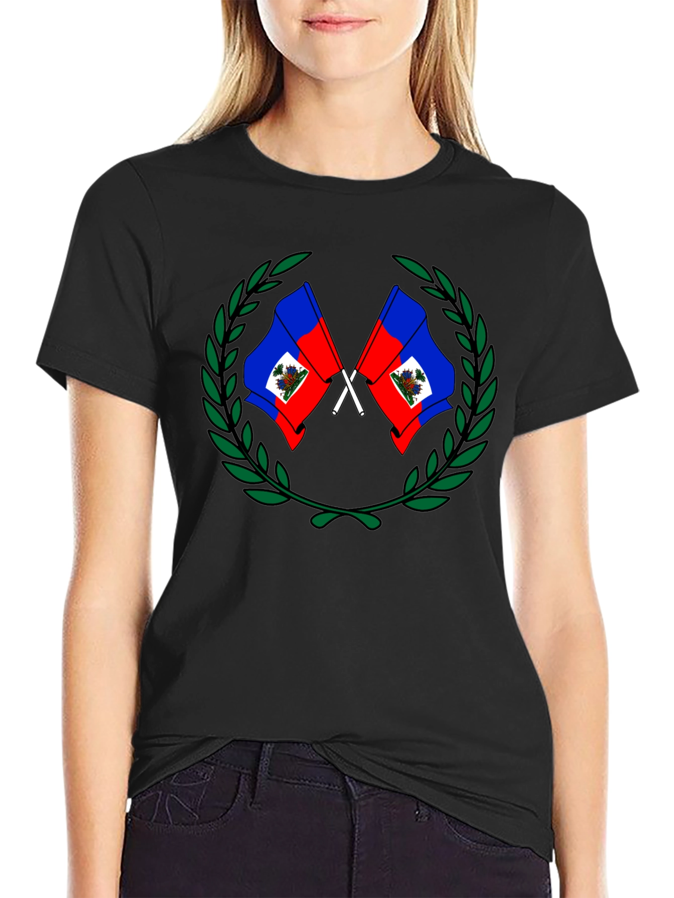 Black Haiti Flag Crest Graphic T-Shirt view 2