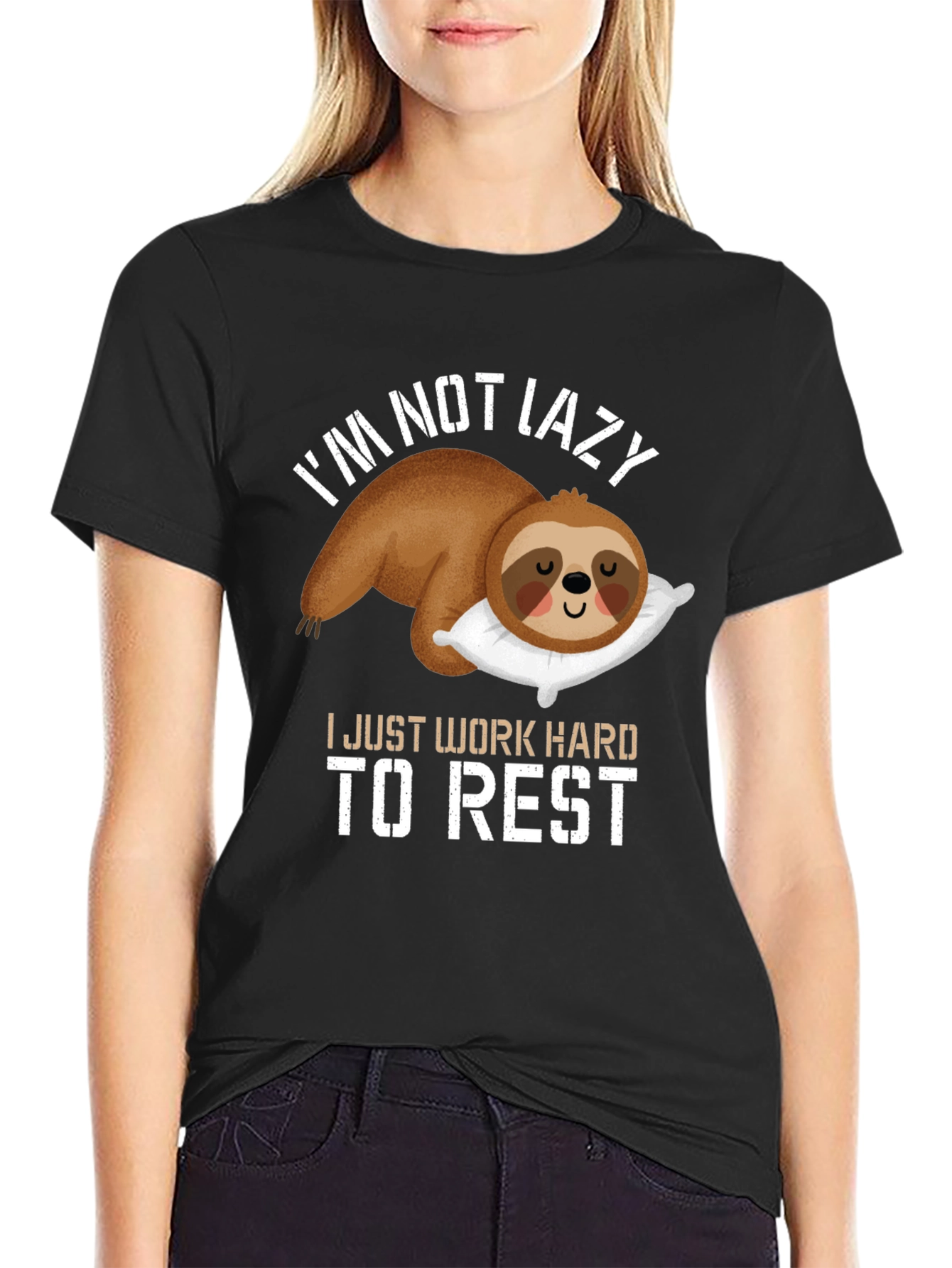 Black Funny Sloth T-Shirt - I Work Hard To Rest view 2