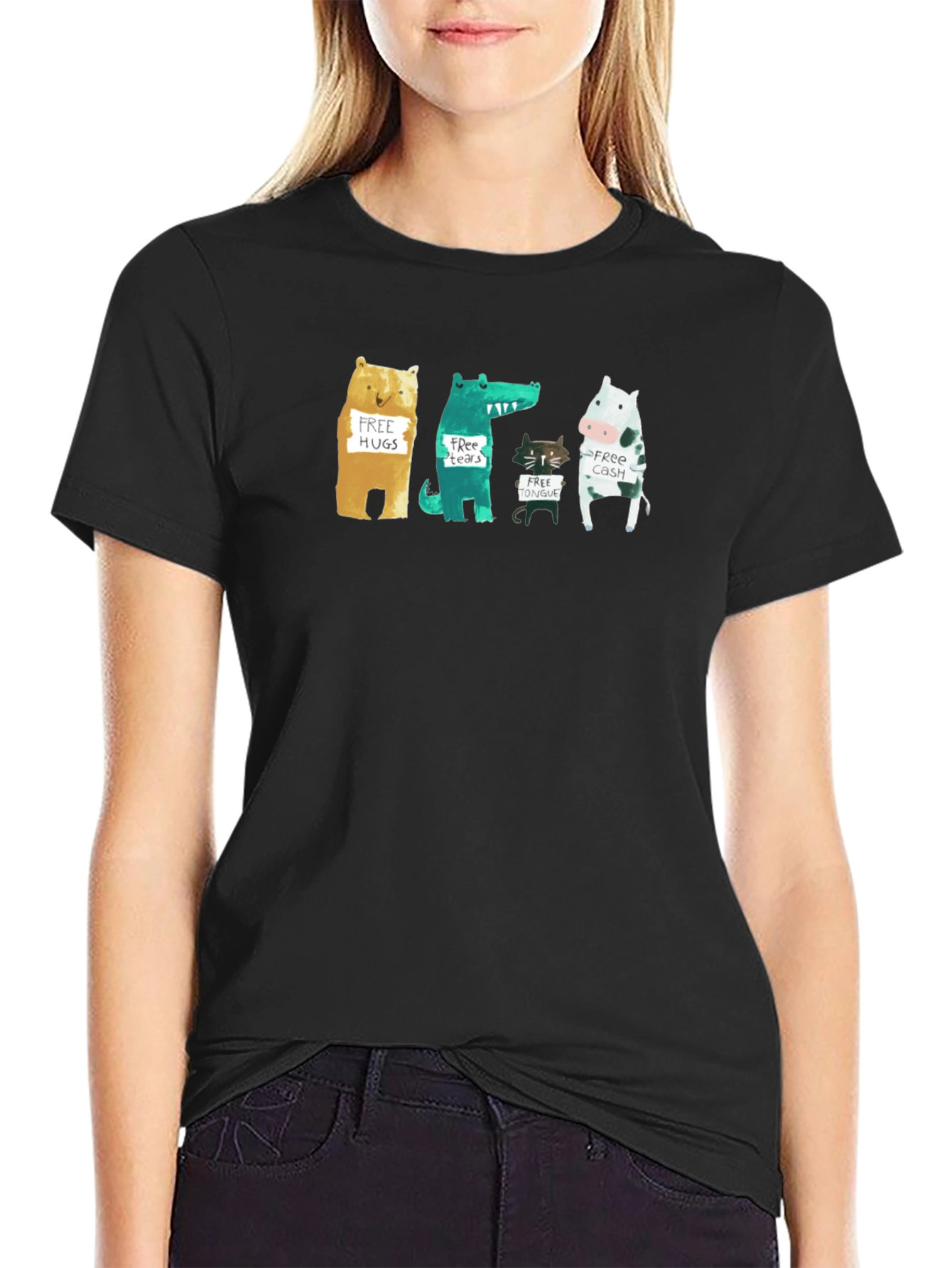 Black Animal Humor Graphic Tee - Free Hugs, Tears, Tongue, Cash! view 2