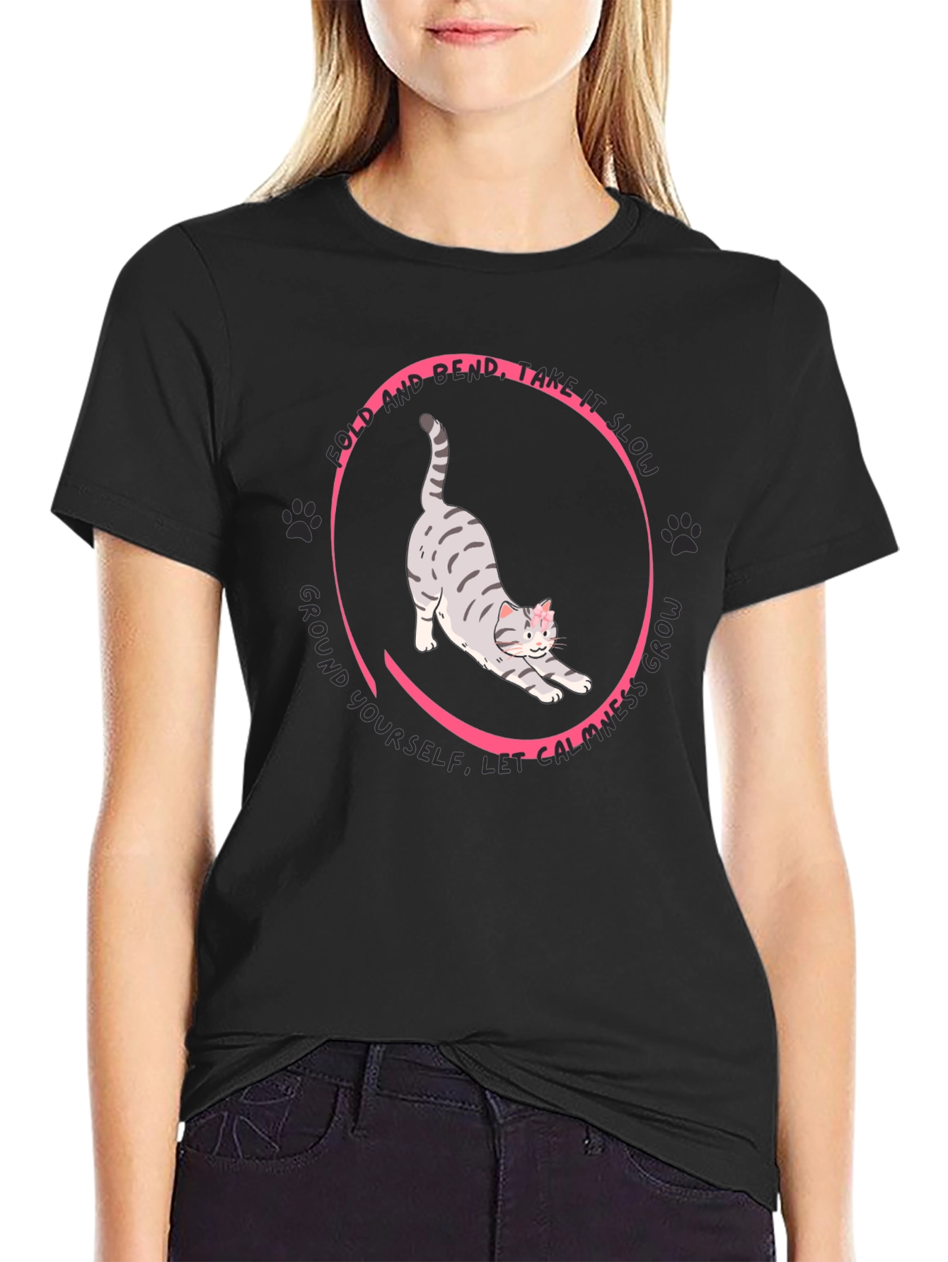 Black Yoga Cat Graphic T-Shirt - Fold, Bend, Relax view 2