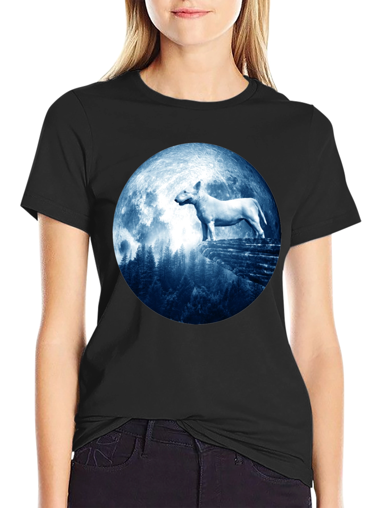 Black Bull Terrier Moon Men's Black T-Shirt view 2