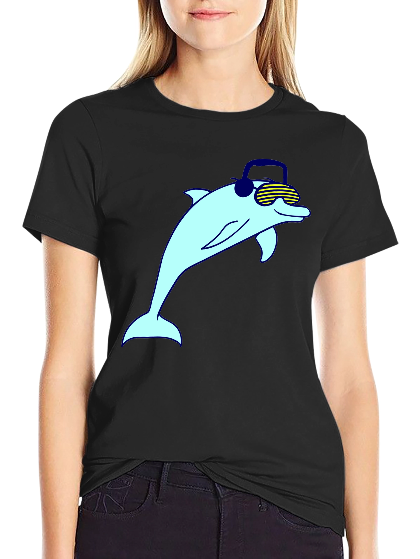Black Cool Dolphin Graphic Tee - Black Cotton Blend view 2