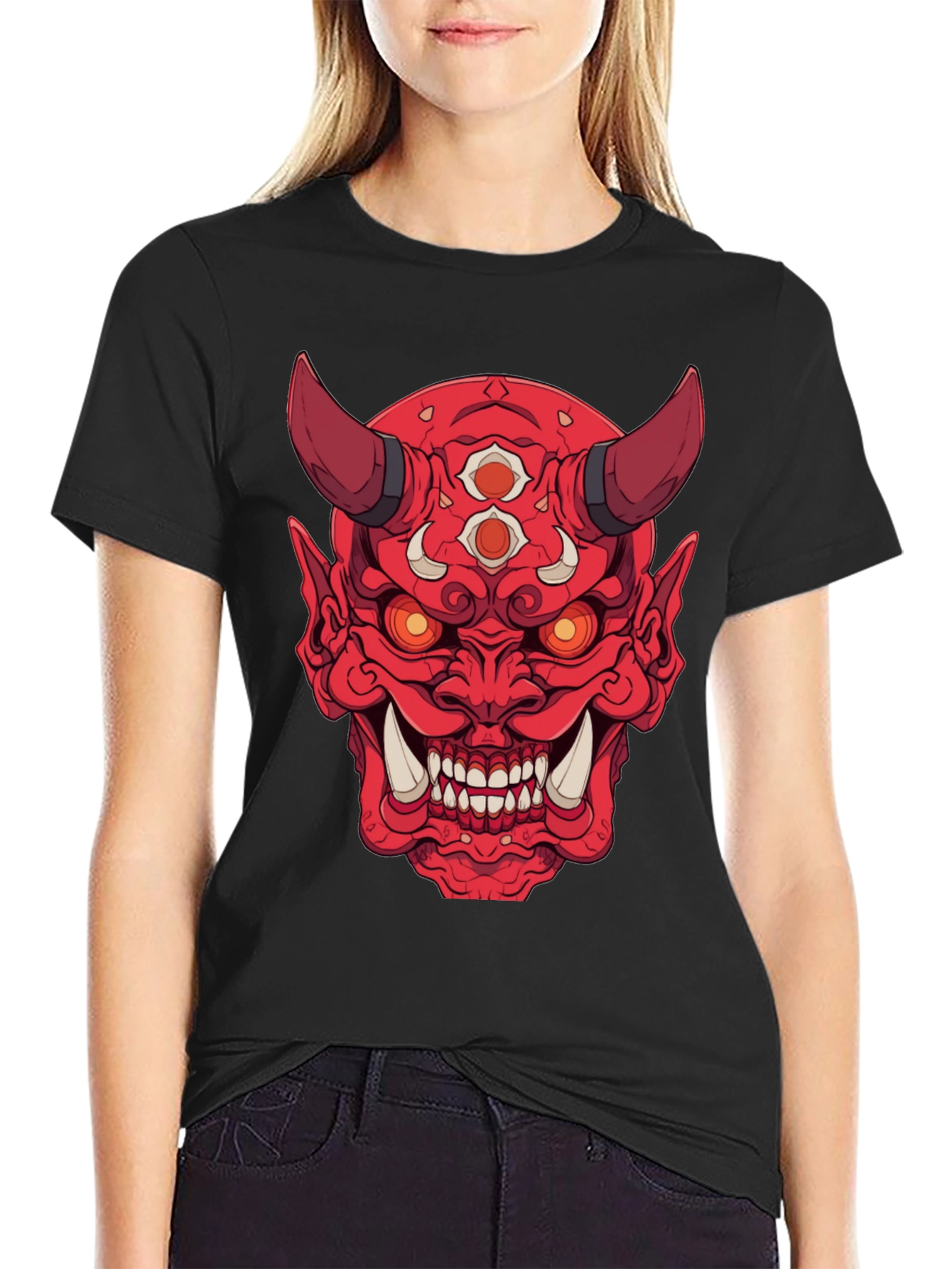 Black Red Oni Demon Graphic Print Black T-Shirt view 2
