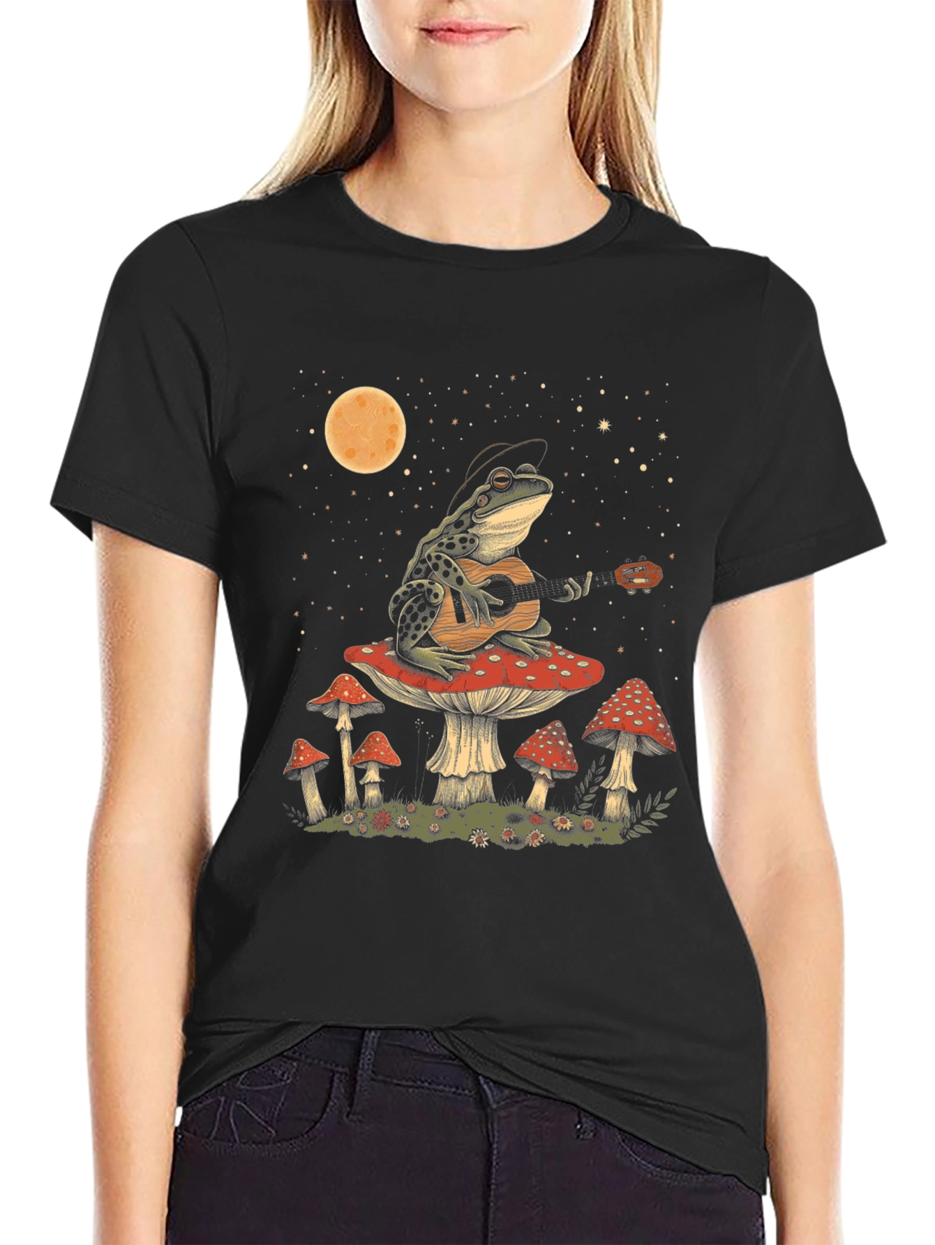 Black Frog Guitarist on Mushroom T-Shirt - Black Cotton Tee view 2