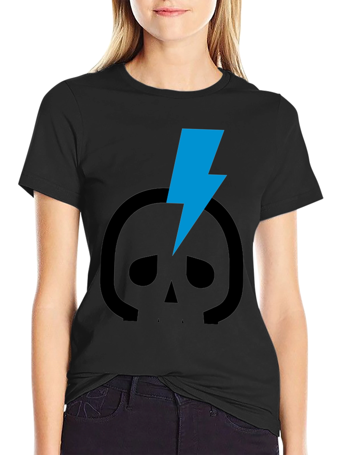 Black Skull Lightning Bolt Graphic Tee - Black Cotton T-Shirt view 2