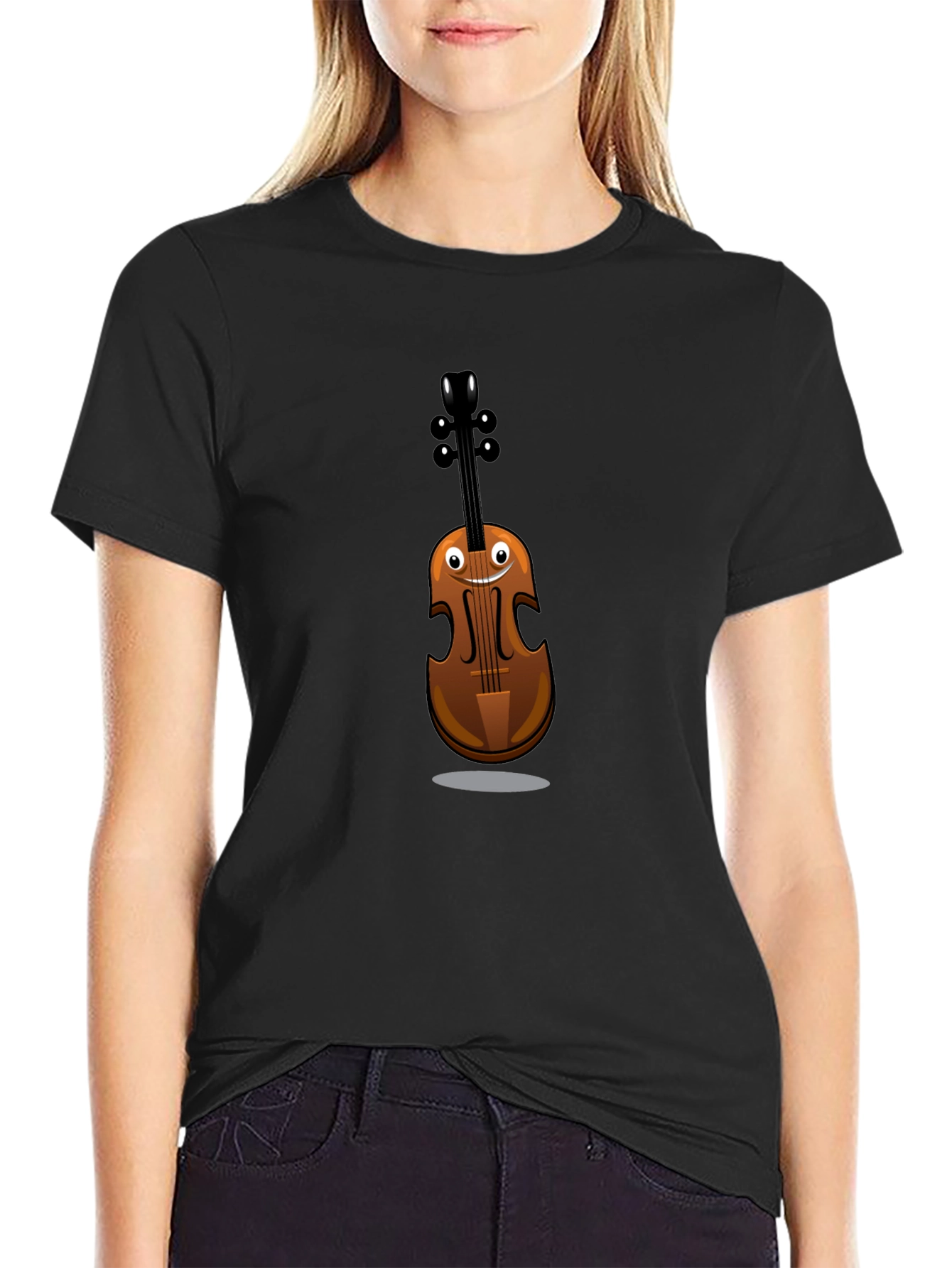 Black Funny Cartoon Violin Graphic Tee - Black Cotton Shirt view 2