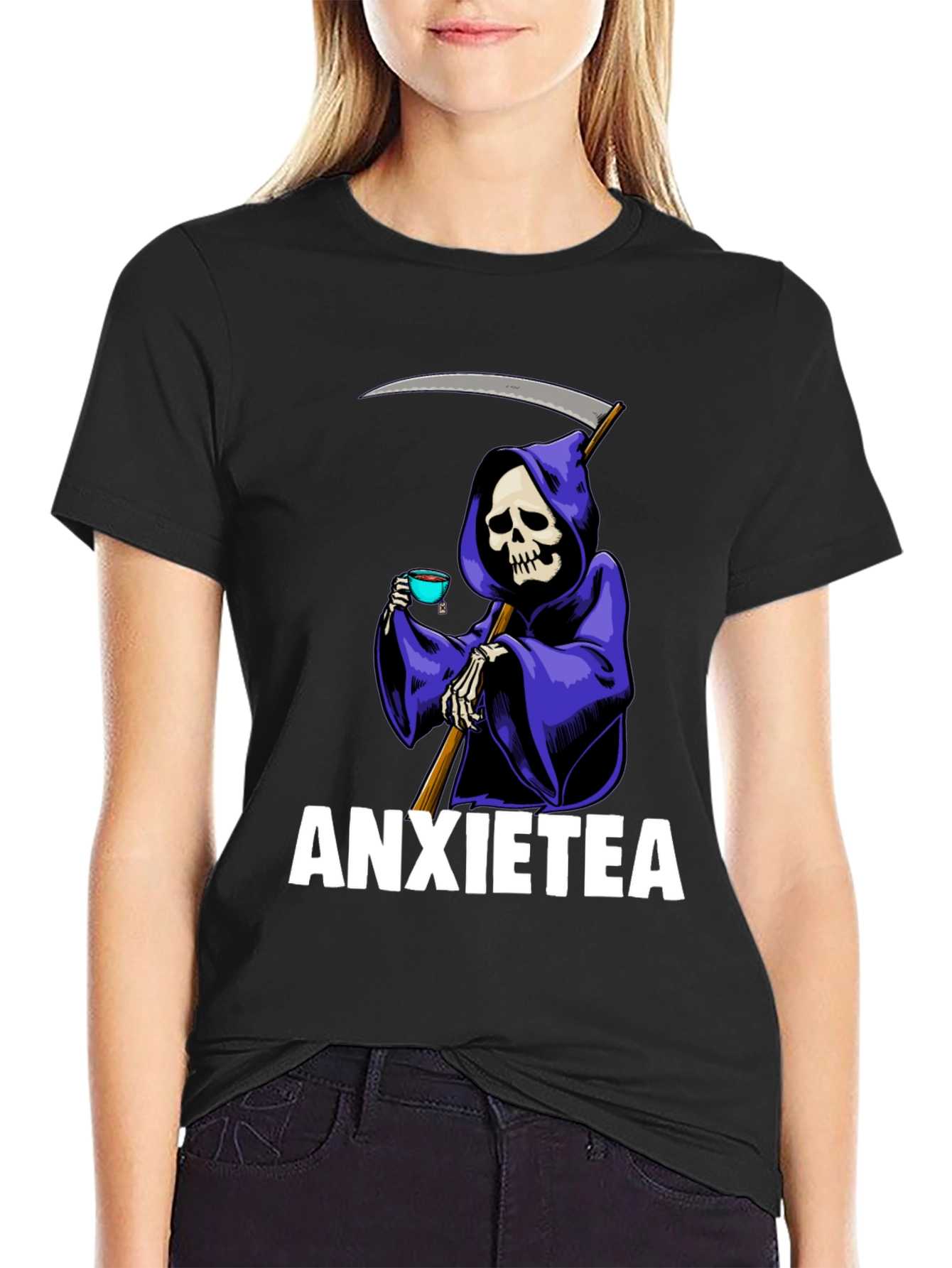 Black Anxietea Graphic T-Shirt - Grim Reaper Tea Time view 2