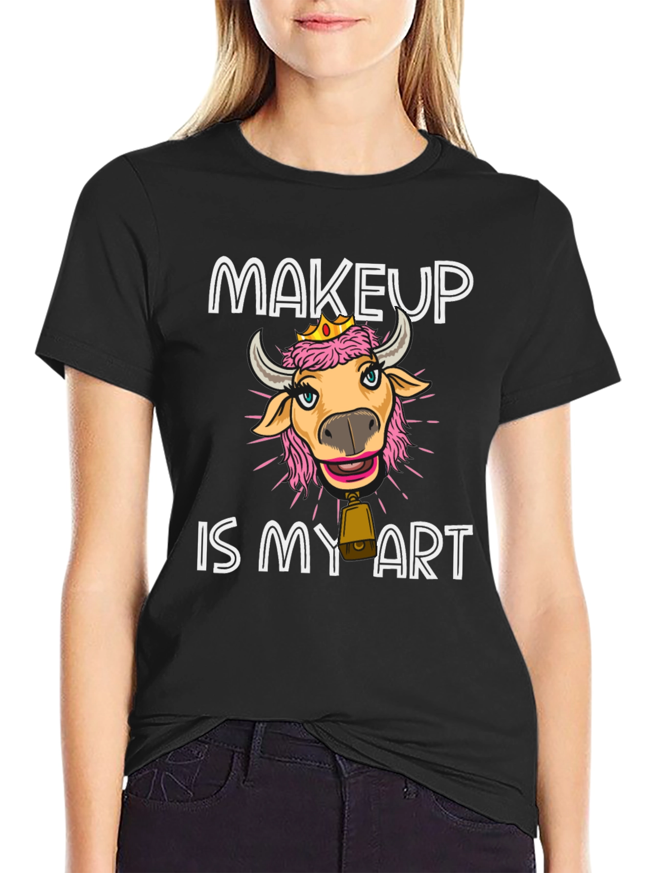 Black Makeup Cow Art T-Shirt Funny Graphic Tee view 2