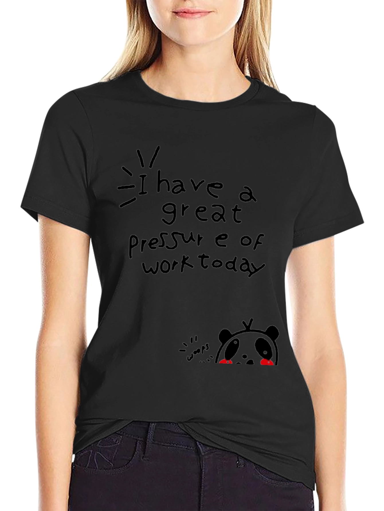 Black Funny Panda Graphic Tee - 'Pressure of Work Today' Black T-Shirt view 2