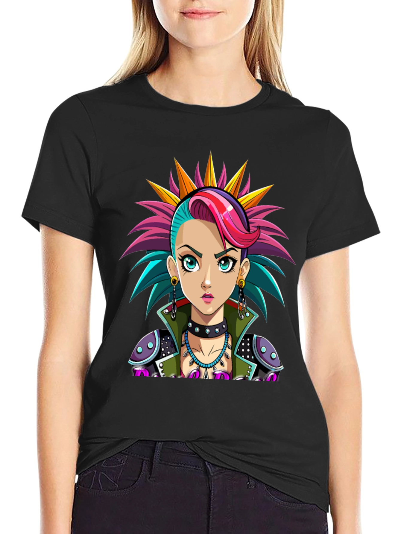 Black Punk Rock Girl T-Shirt - Unique Graphic Tee view 2