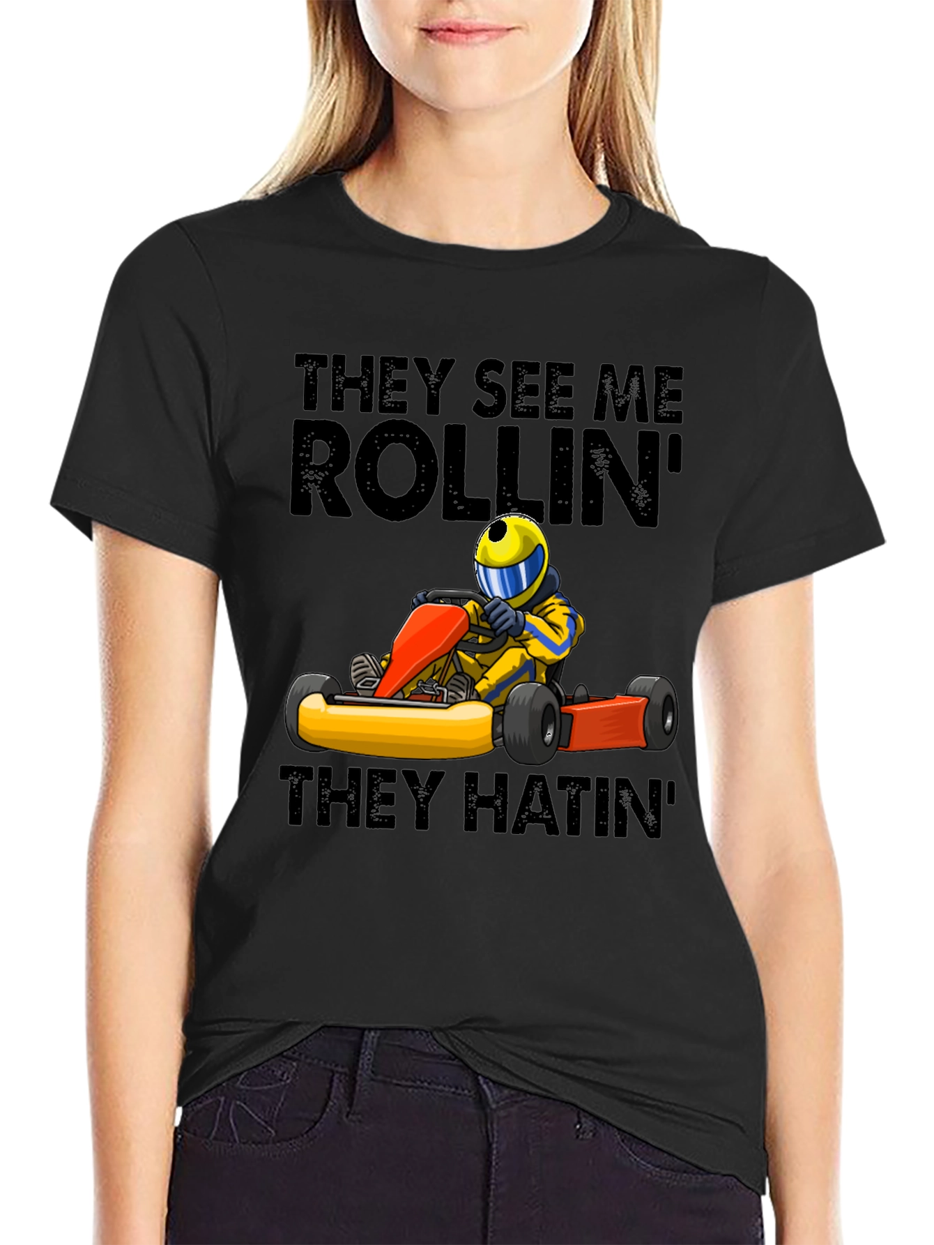 Black They See Me Rollin' T-Shirt - Funny Kart Racing Tee view 2