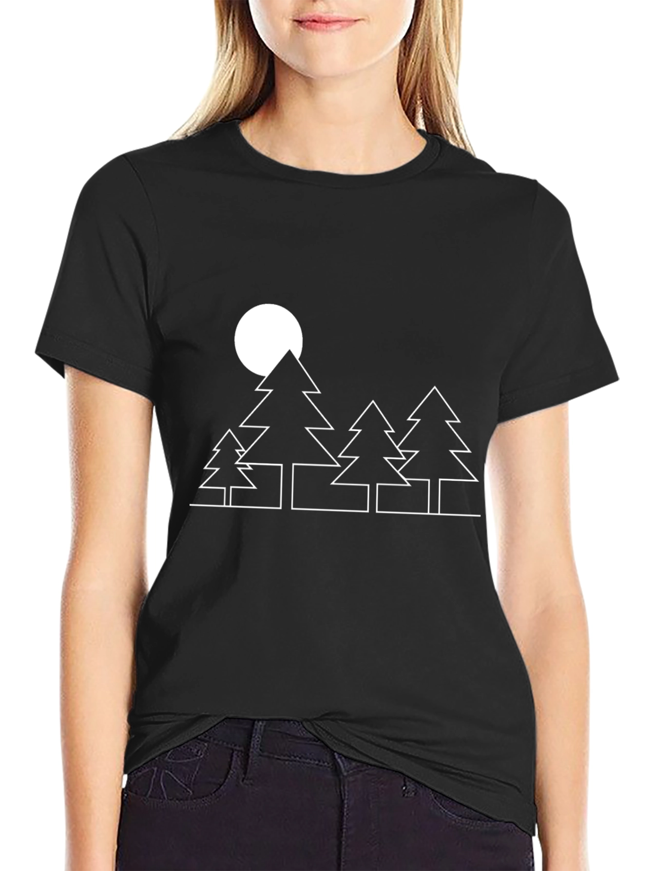 Black Minimalist Forest Moon T-Shirt - Unisex Black Tee view 2
