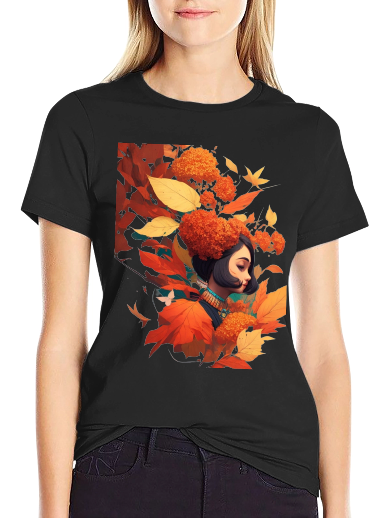 Black Autumnal Woman Graphic Black Tee view 2