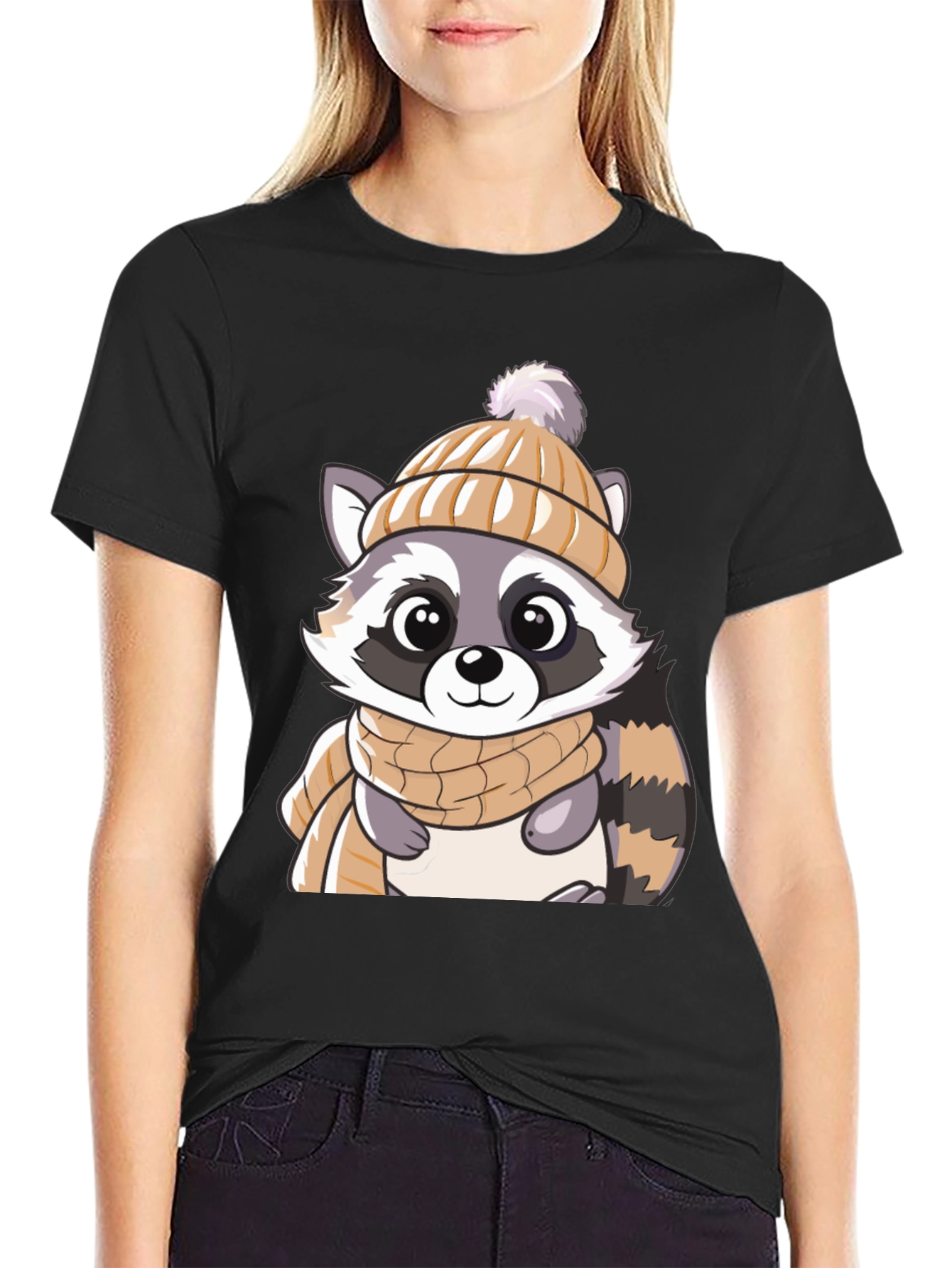 Black Cute Raccoon Graphic Tee view 2