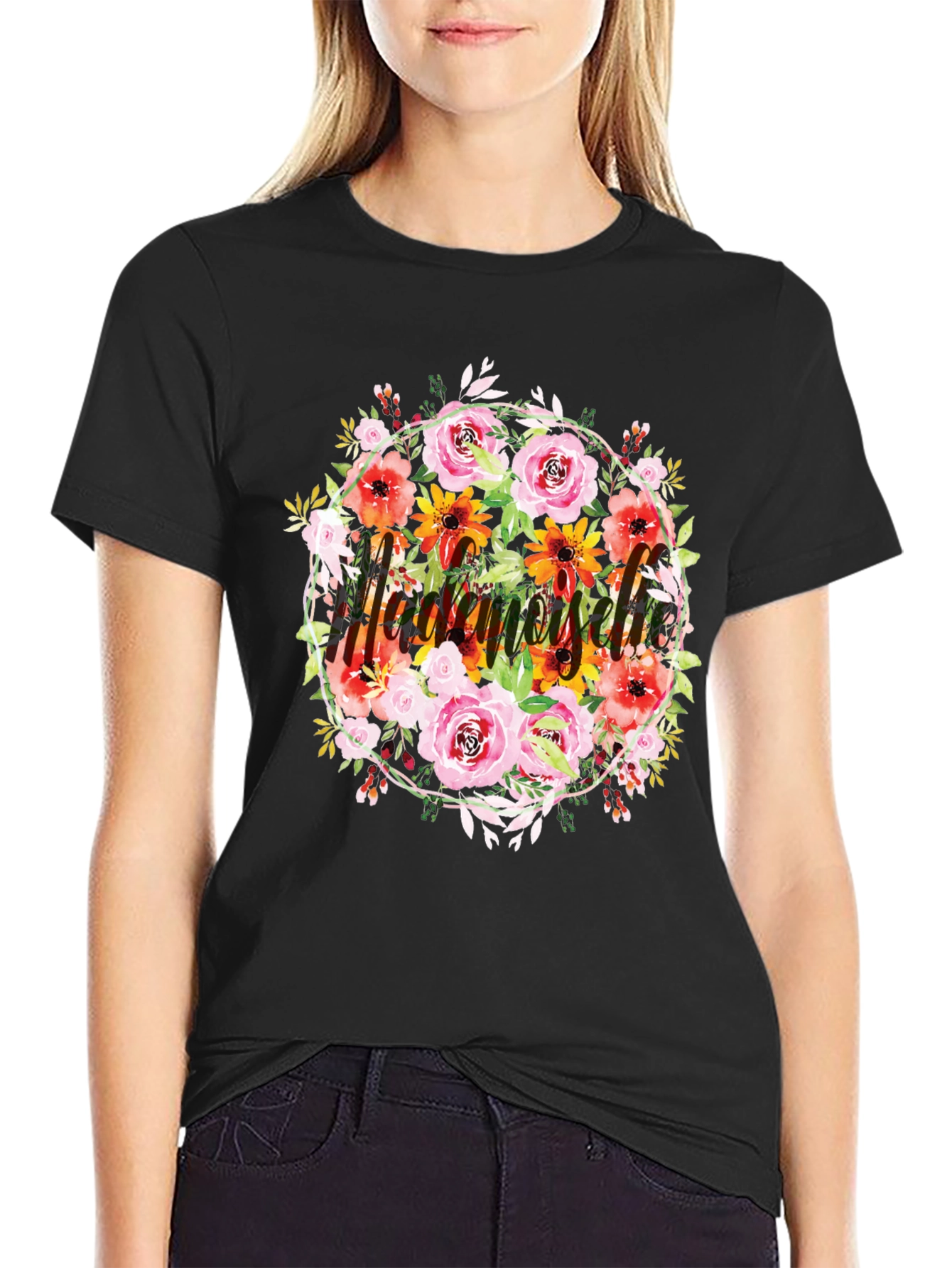 Black Floral Mademoiselle T-Shirt - Stylish Black Tee view 2