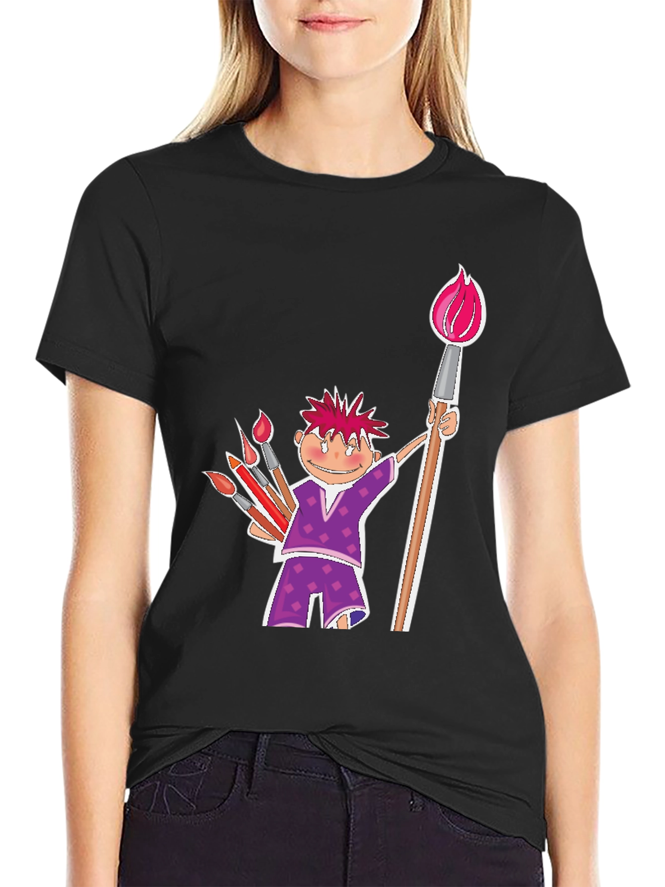 Black Cartoon Artist Black Cotton T-Shirt view 2