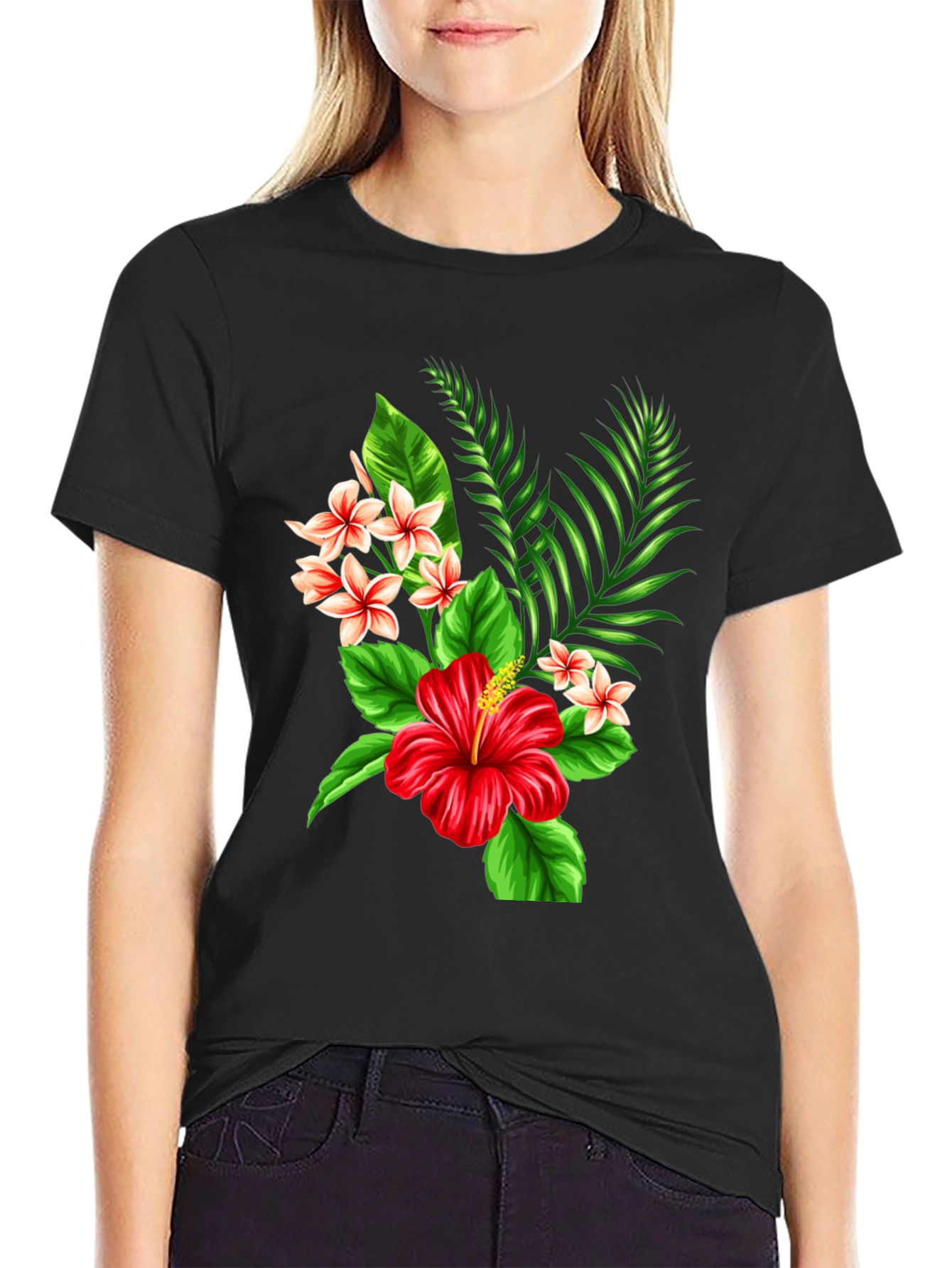 Black Tropical Floral T-Shirt - Red Hibiscus & Plumeria Design view 2