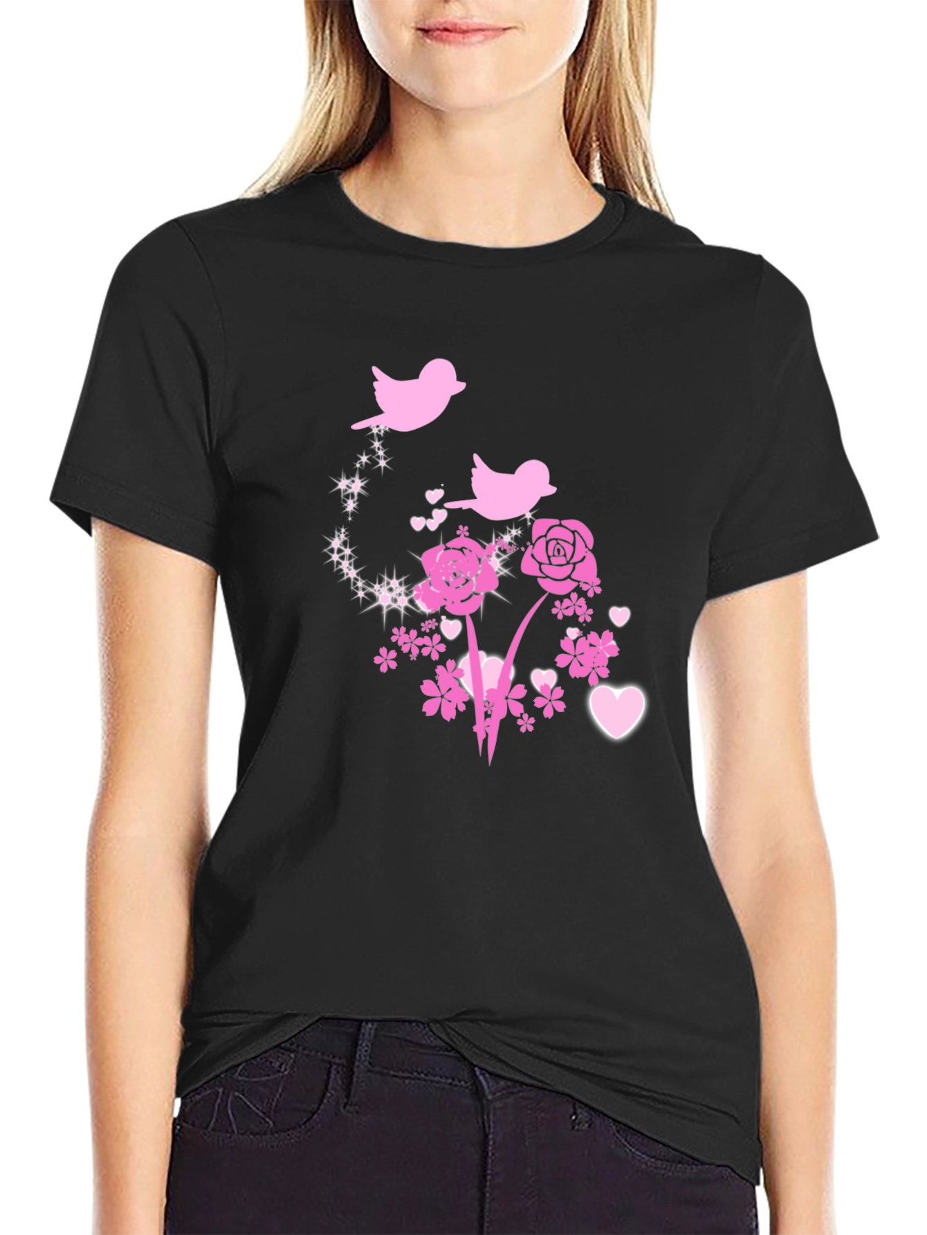 Black Floral Birds Graphic Tee - Black Cotton Blend view 2