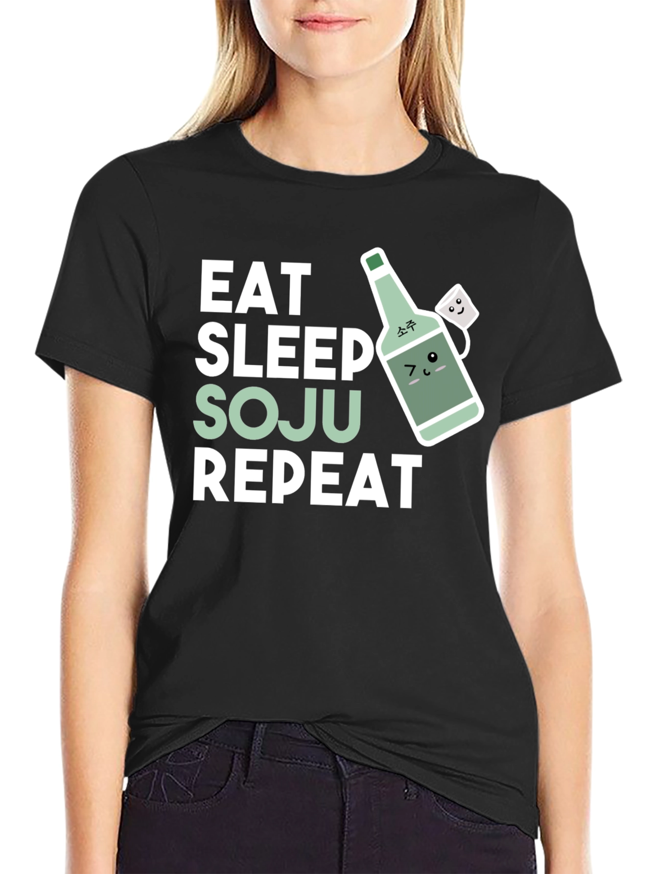 Black Eat Sleep Soju Repeat T-Shirt - Funny Korean Drinking Tee view 2