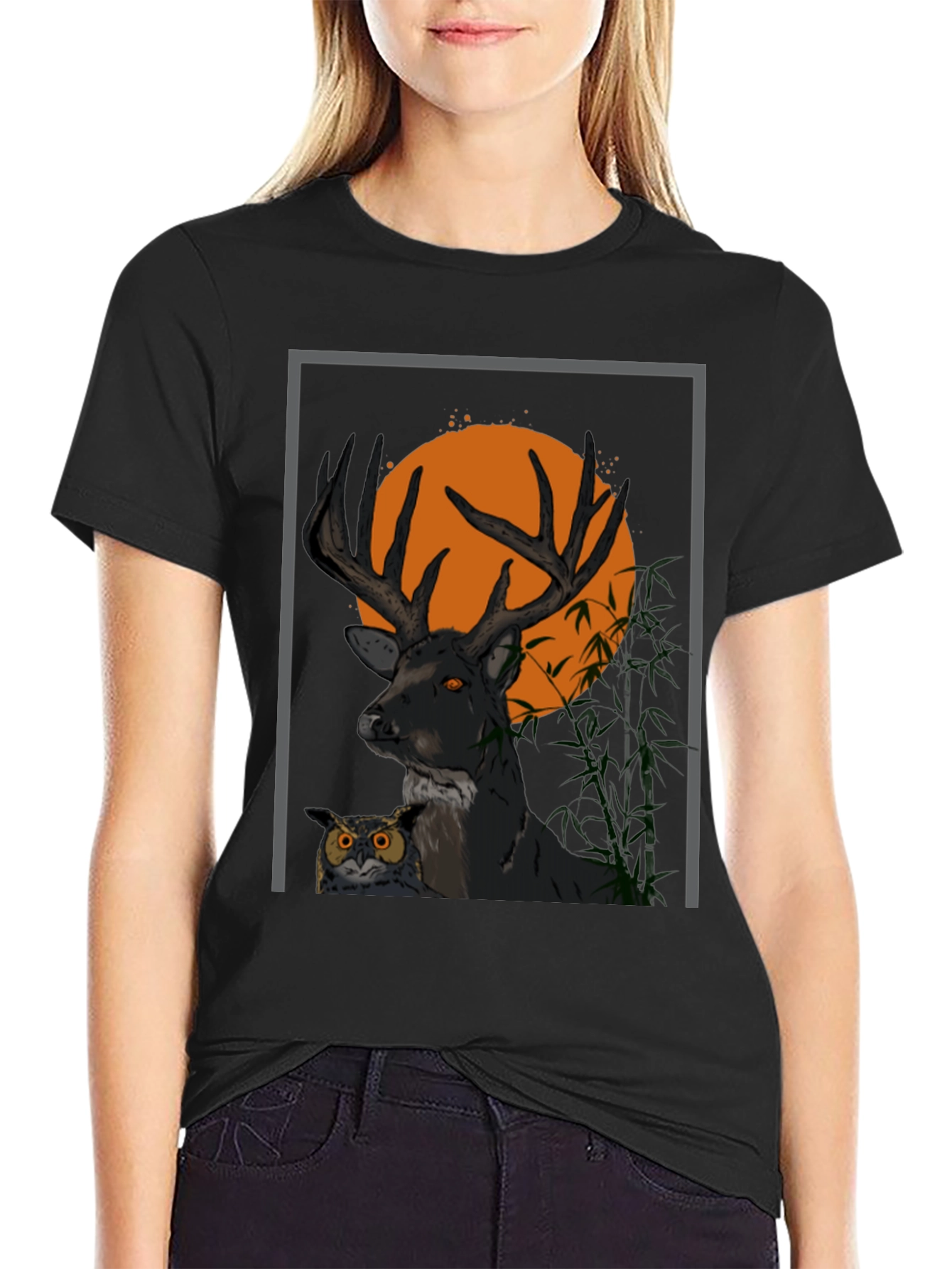 Black Deer & Owl Graphic Tee - Nature Inspired Men's Shirt view 2
