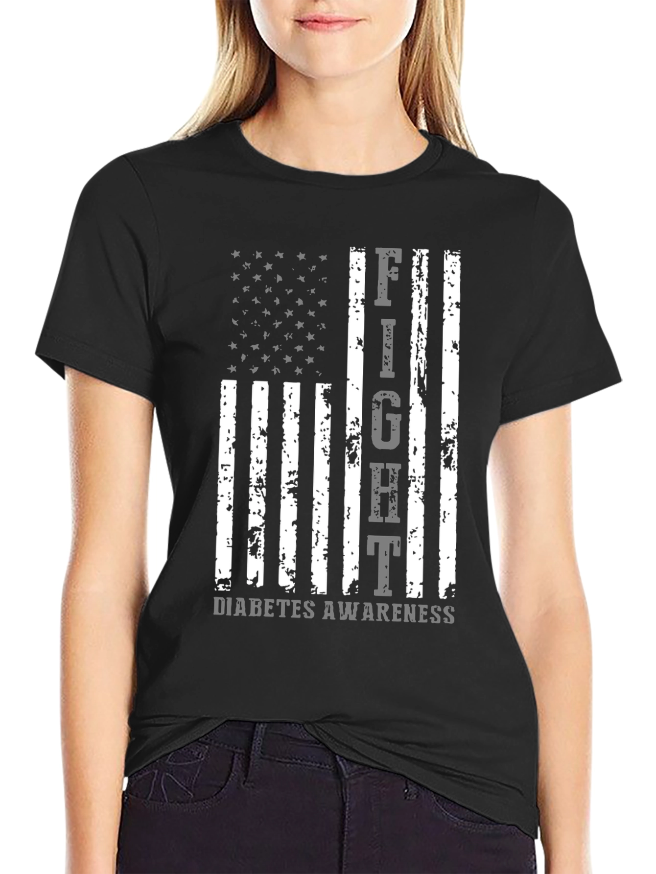 Black Fight Diabetes Awareness American Flag T-Shirt view 2