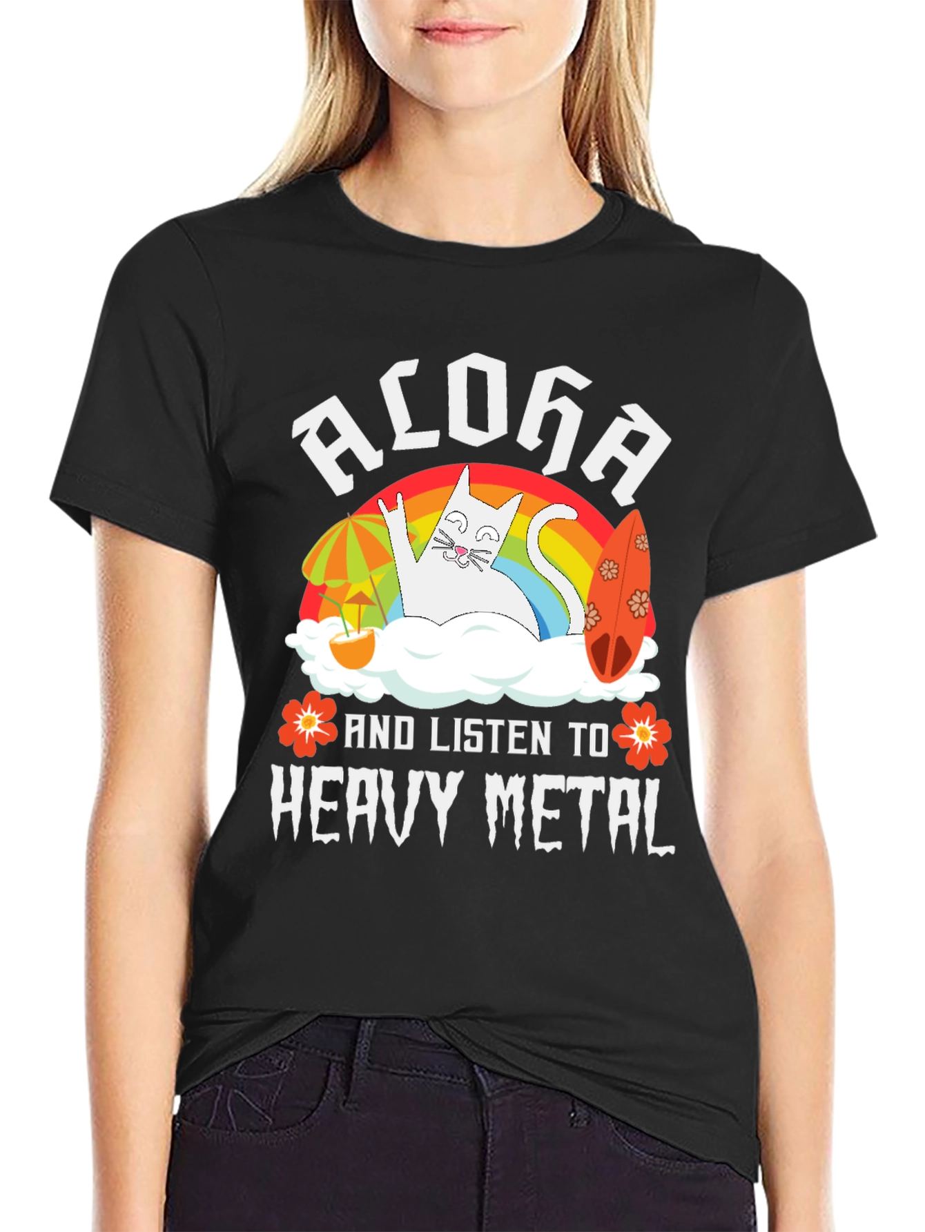 Black Aloha Heavy Metal Cat Graphic T-Shirt view 2