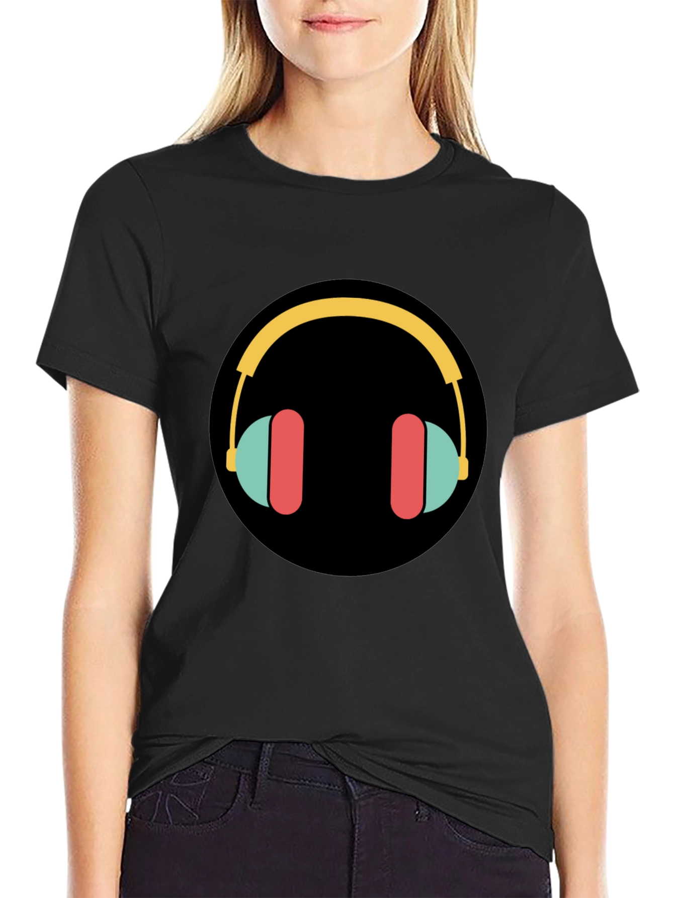 Black Stylish Graphic Tee - Headphones Design view 2