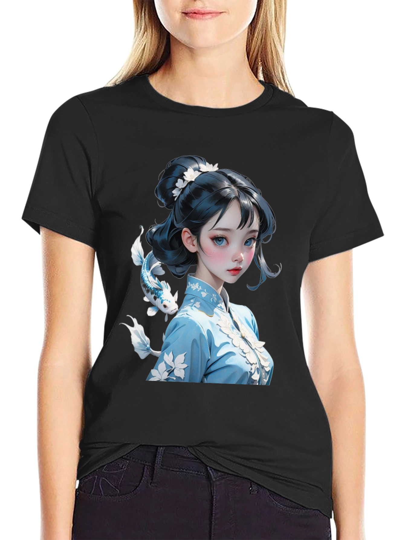 Black Anime Girl Graphic Tee - Stylish Black Cotton Blend Shirt view 2