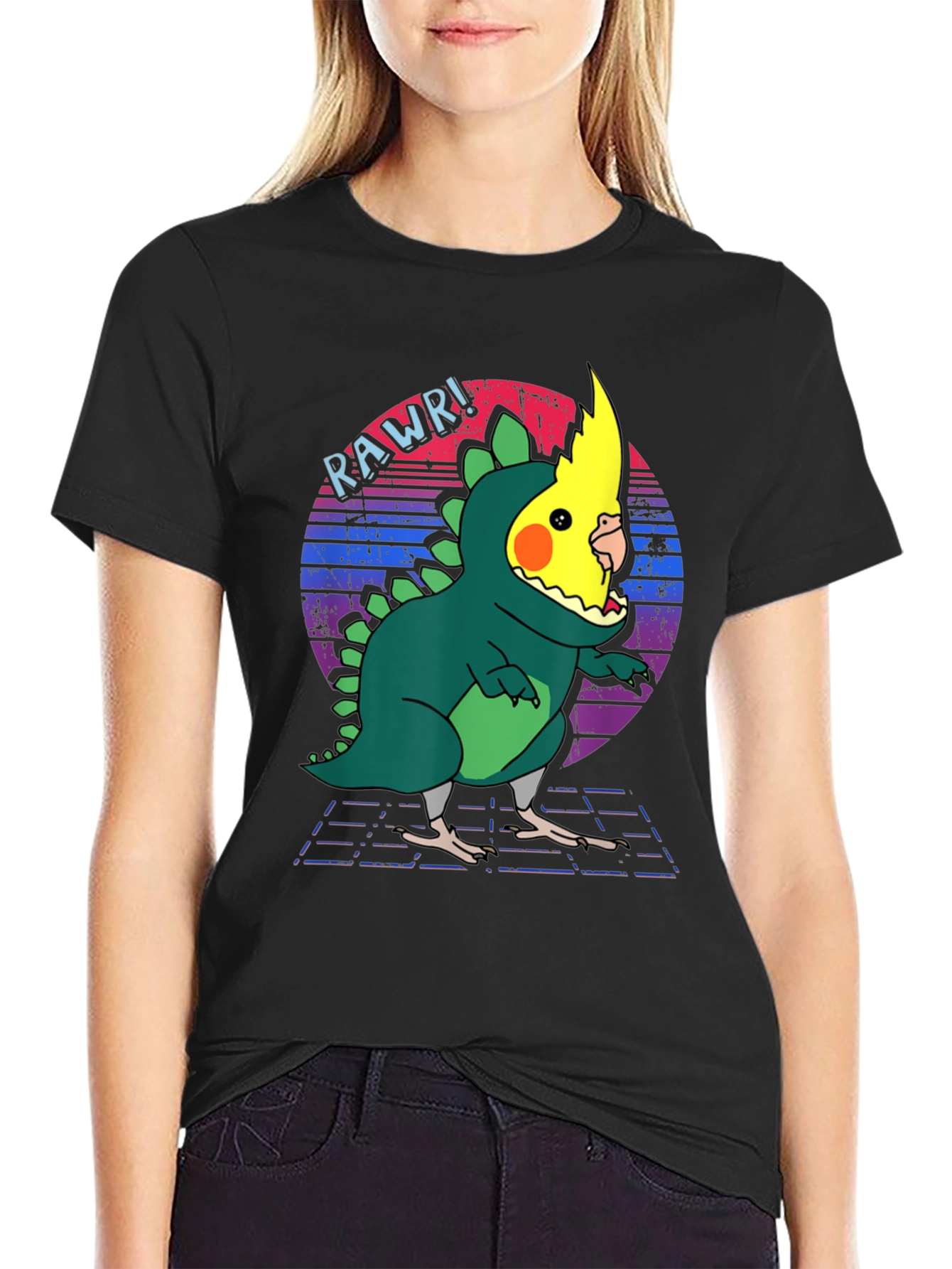 Black Funny Cockatiel Dinosaur T-Shirt view 2