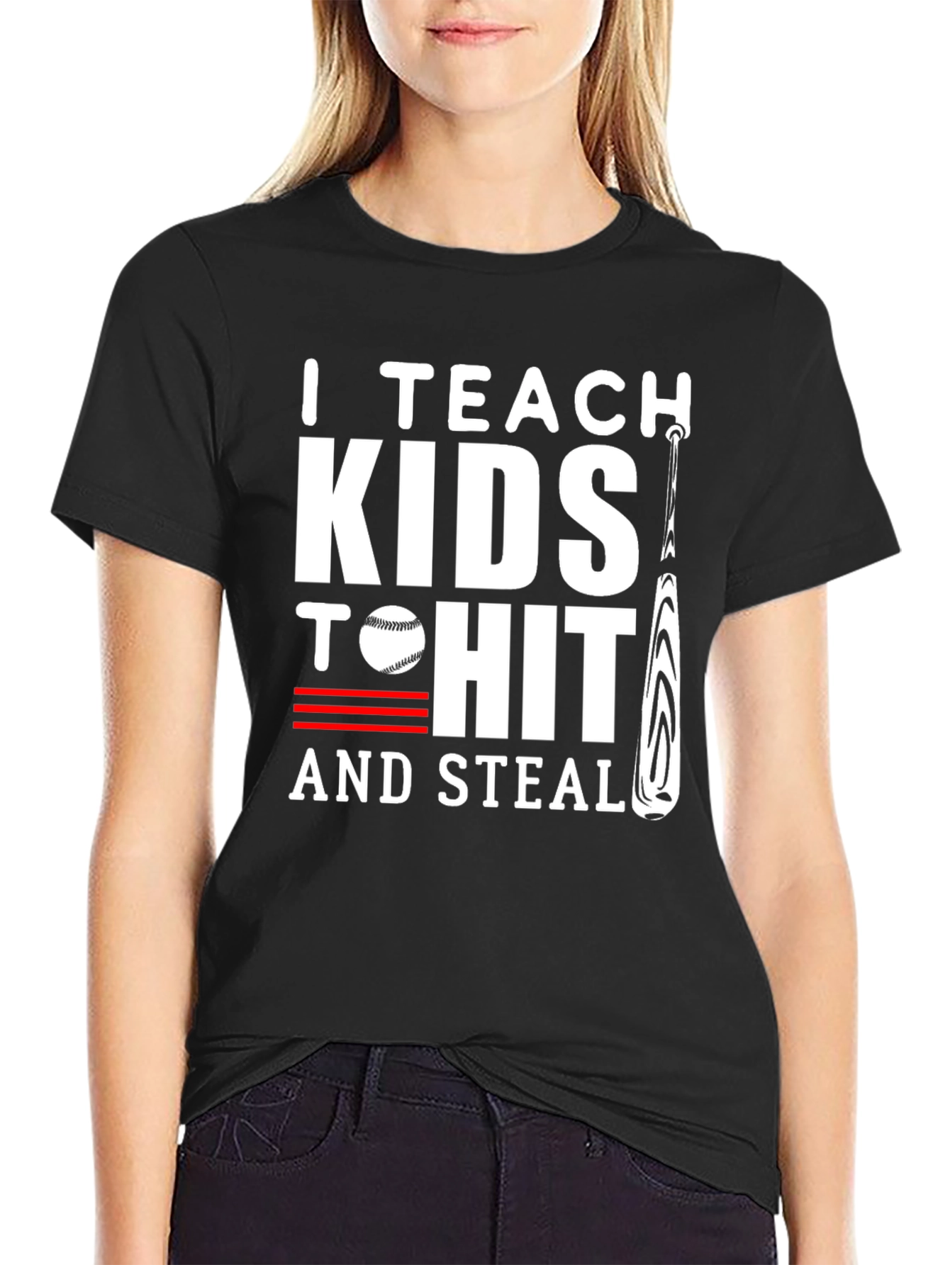 Black I Teach Kids to Hit and Steal Baseball T-Shirt view 2