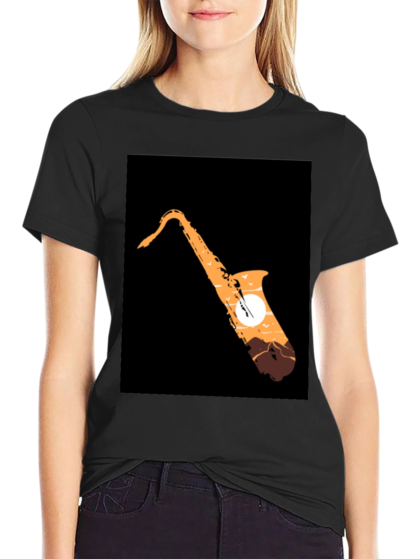 Black Saxophone Sunset Graphic Tee - Cool Musician T-Shirt view 2