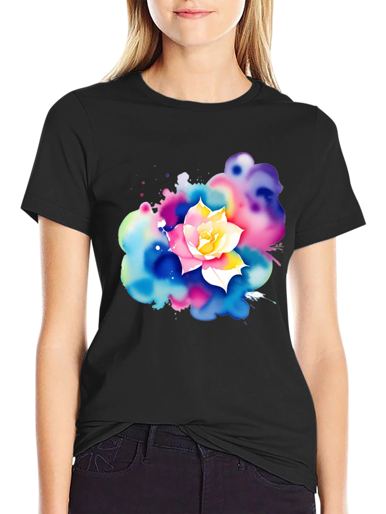 Black Watercolor Flower Graphic T-Shirt view 2