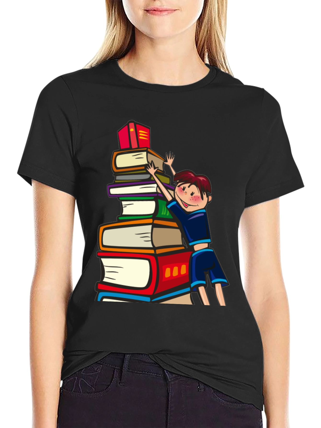 Black Book Lover T-Shirt: Boy Climbing Books view 2