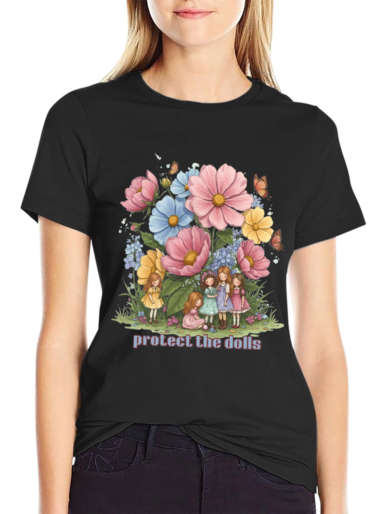 Black Protect the Dolls Graphic Tee - Black Cotton Blend view 2