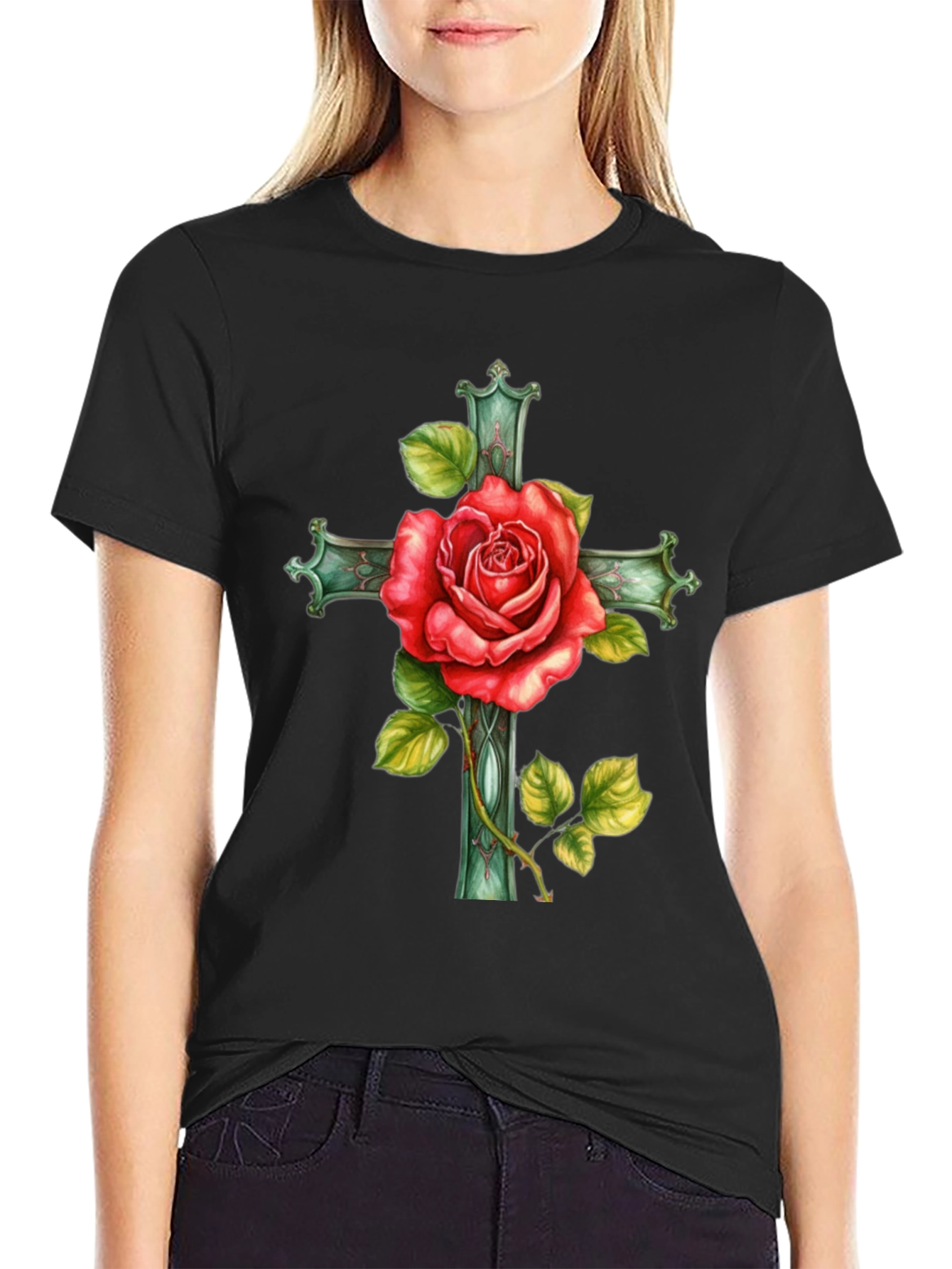 Black Rose Cross Graphic Tee - Stylish Black T-Shirt view 2