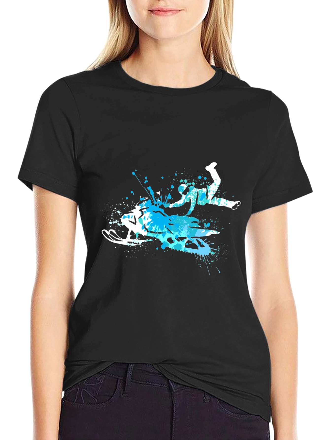 Black Snowmobile Splash Art Graphic Tee - Cool Sport T-Shirt view 2