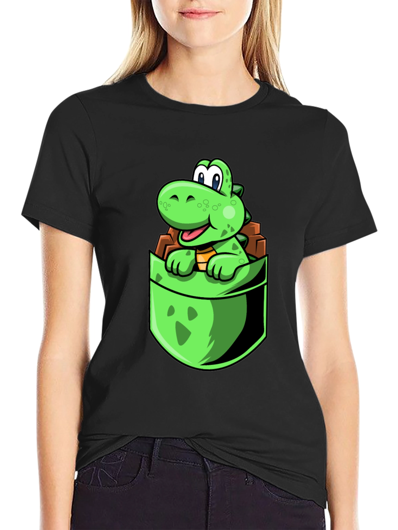 Black Dino Pocket Tee - Cute Cartoon Dinosaur Black T-Shirt view 2