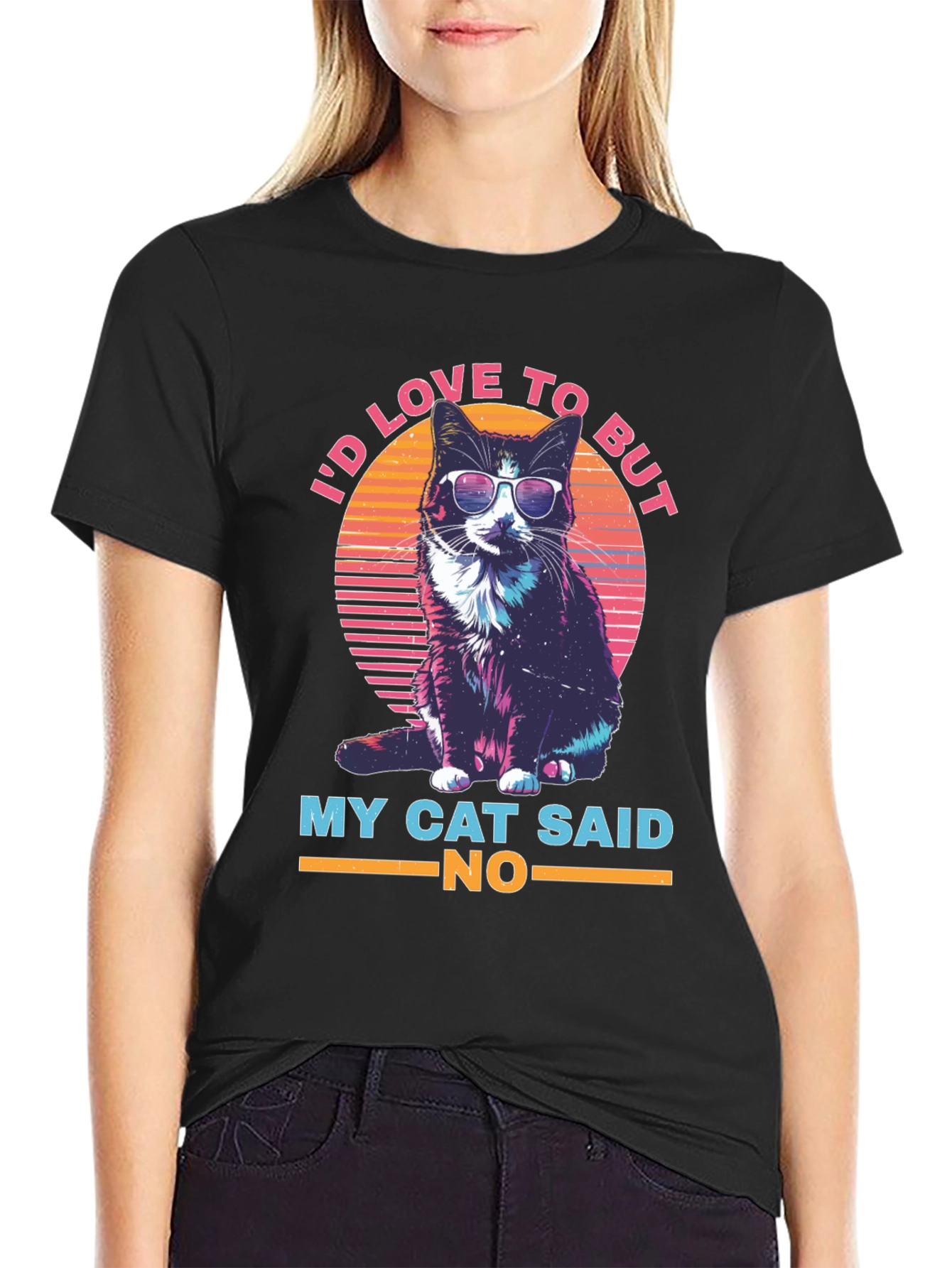 Black Cool Cat T-Shirt - I'd Love To But My Cat Said No view 2