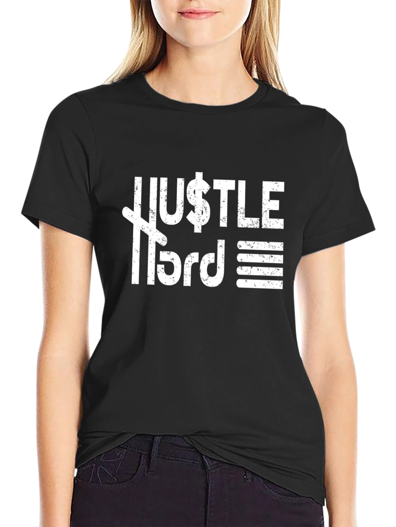 Black Hustle Hard Graphic T-Shirt - Black Crew Neck view 2