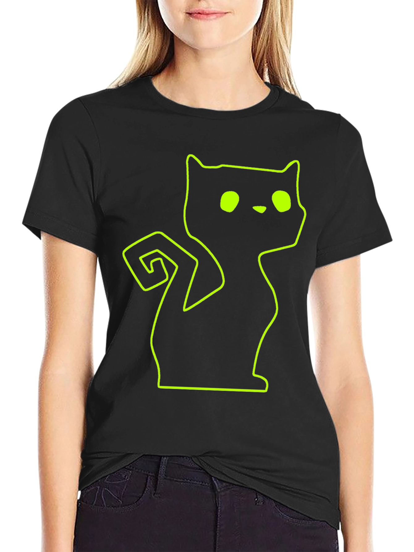 Black Neon Cat Outline Black T-Shirt view 2