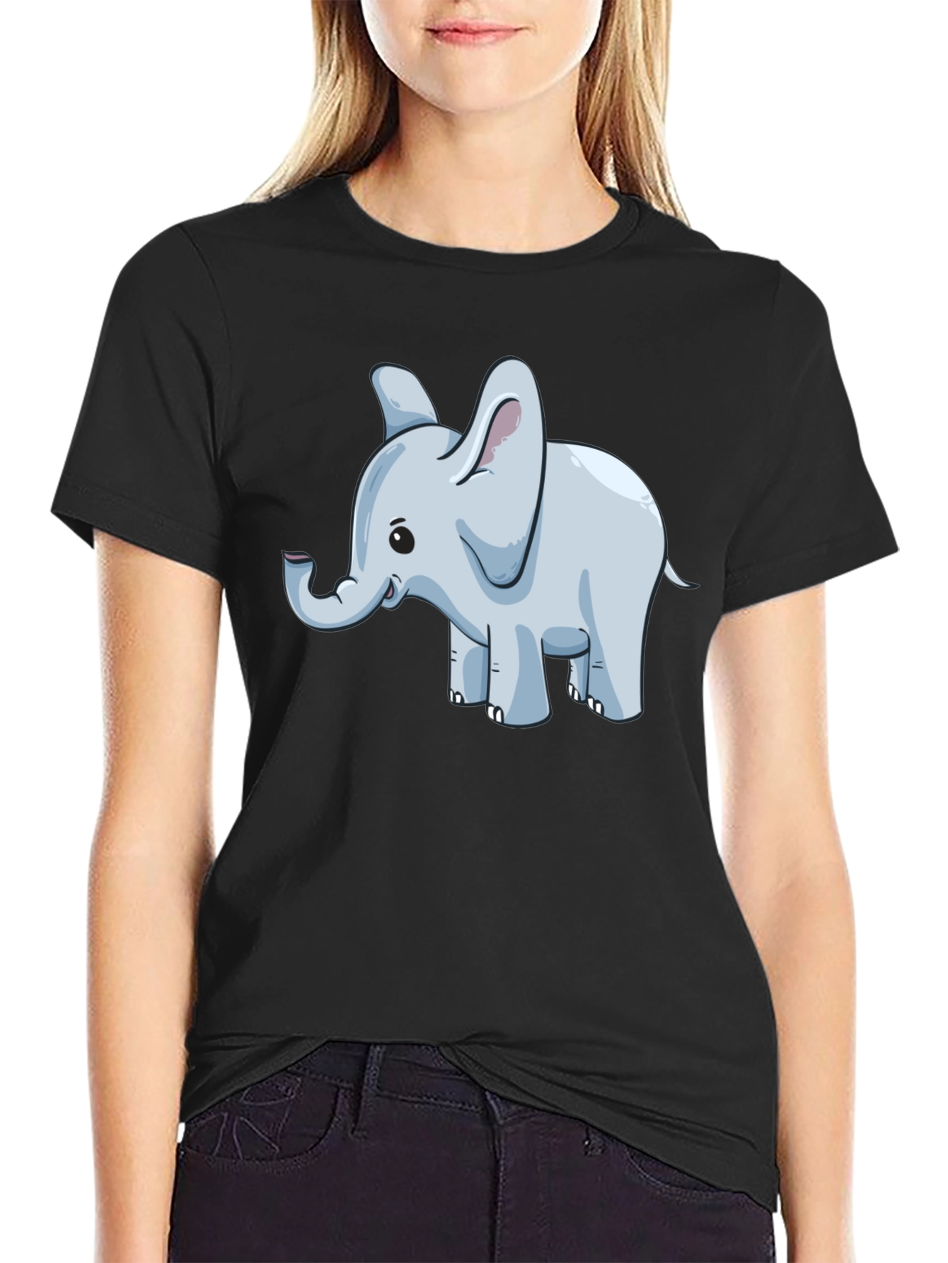 Black Cute Elephant Graphic Tee - Black Cotton Blend view 2