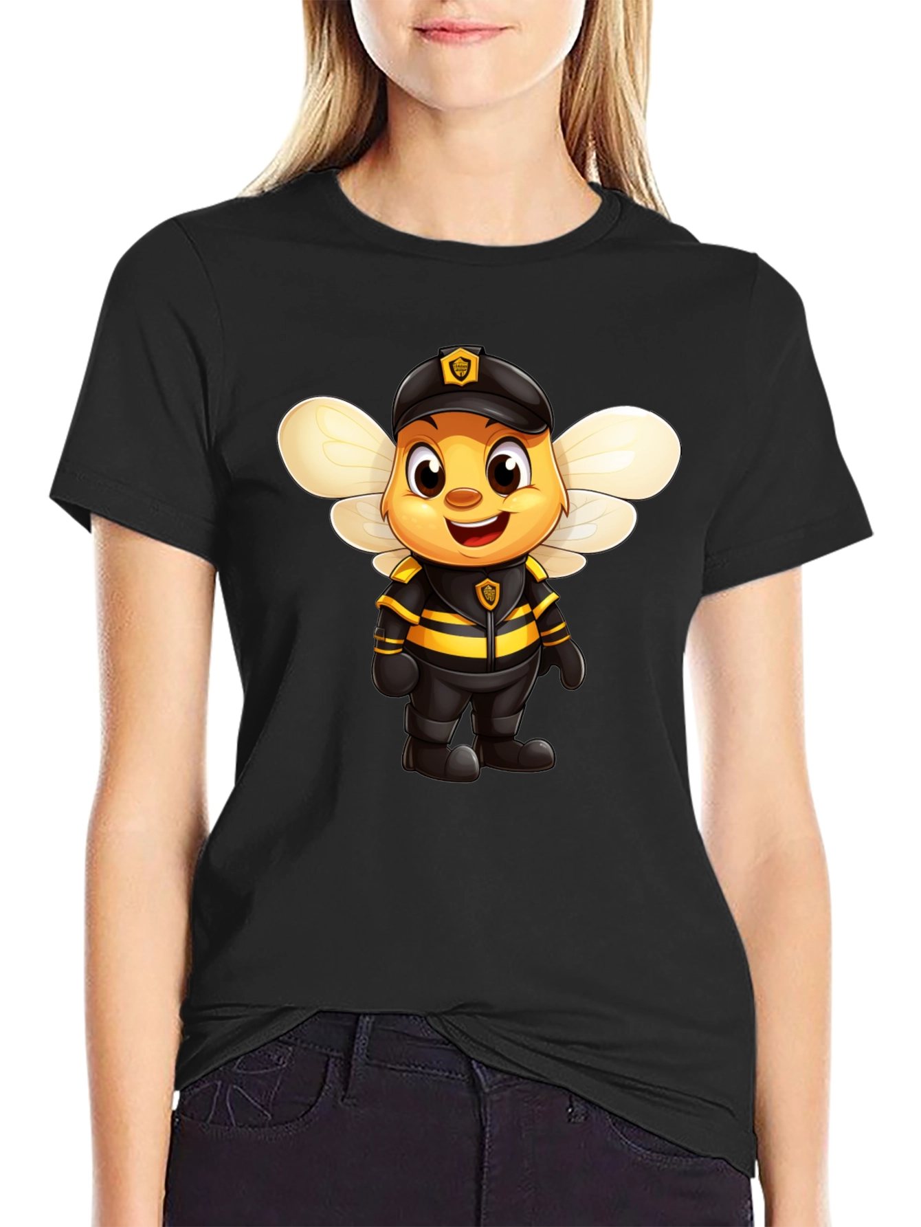 Black Cartoon Bee Police Officer Graphic Tee view 2