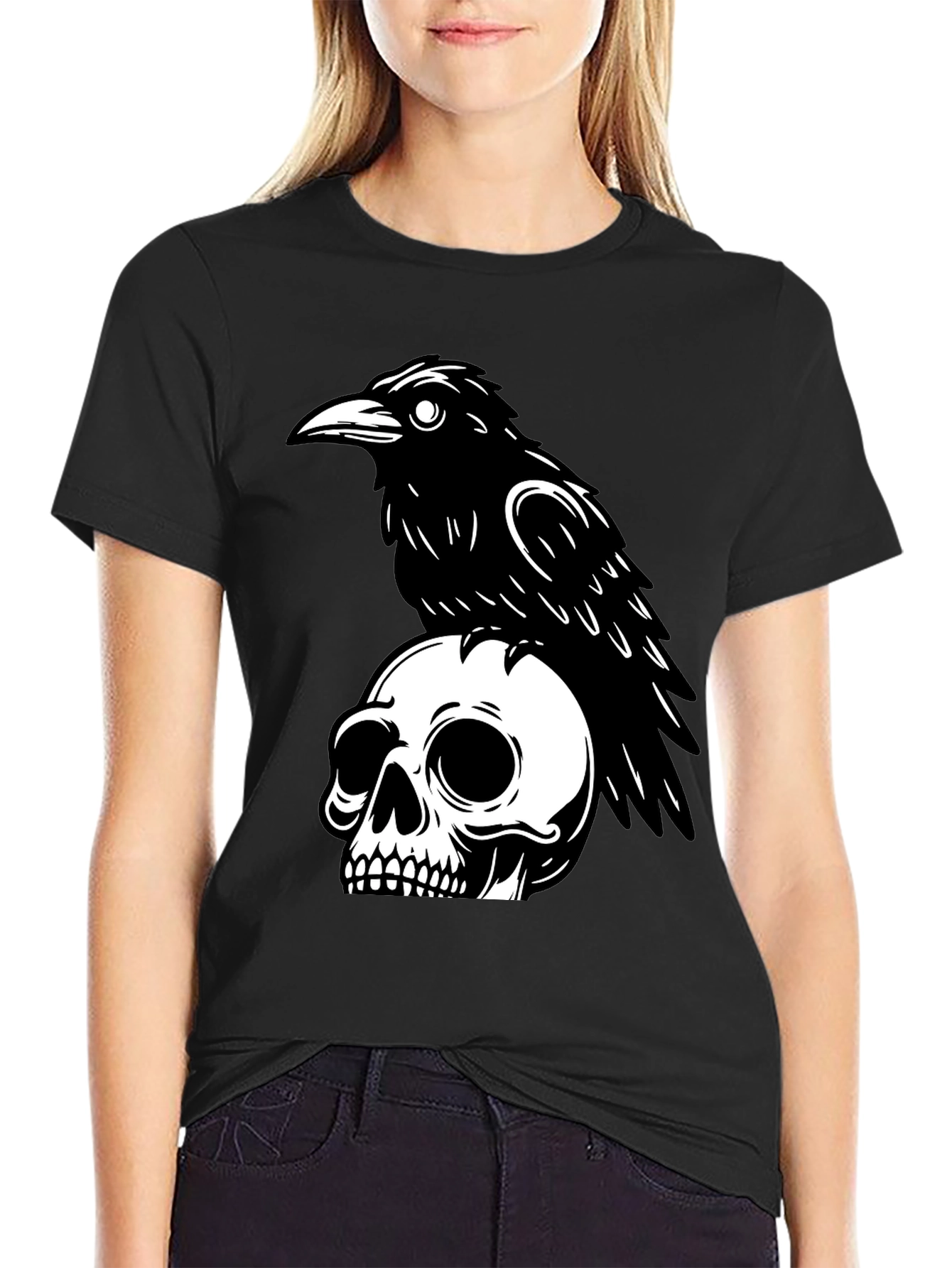 Black Raven on Skull Graphic T-Shirt - Black view 2