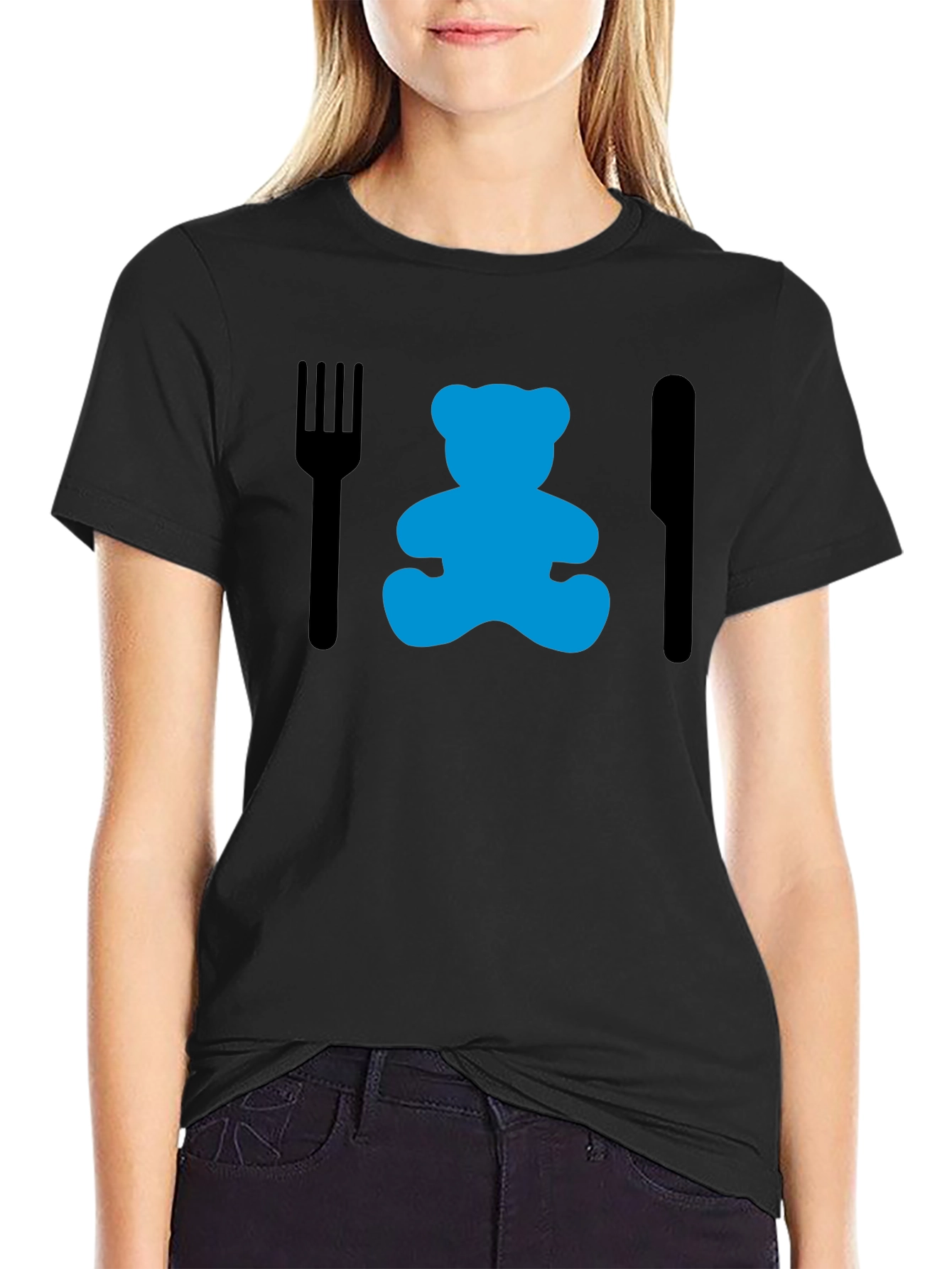 Black Funny Teddy Bear Dinner T-Shirt - Black view 2